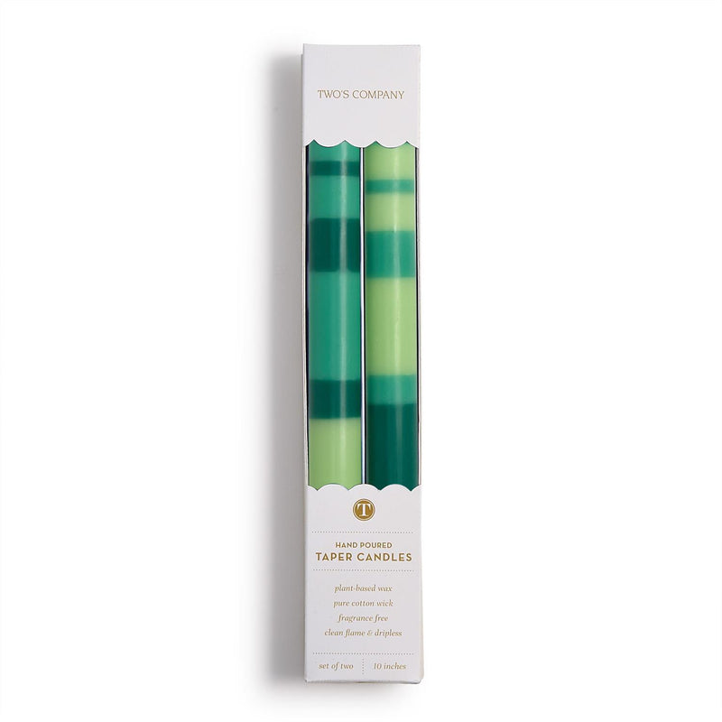 Green striped taper candles, Set of 2