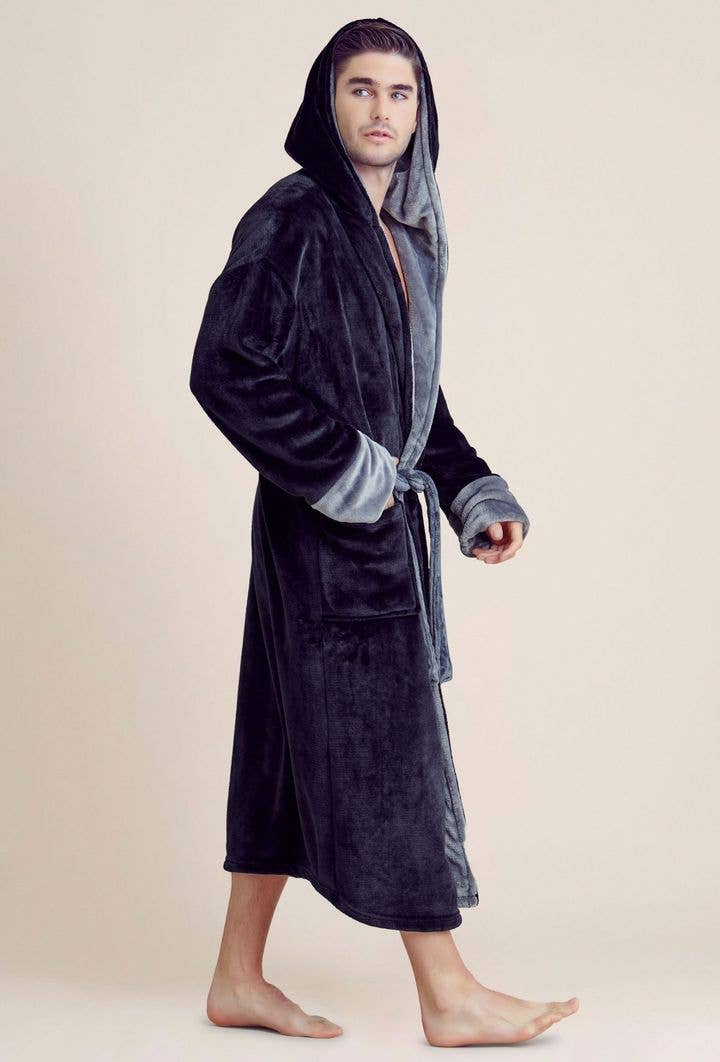 robesnmore - Men Plush Shawl Collar Robe  Black  & Gray