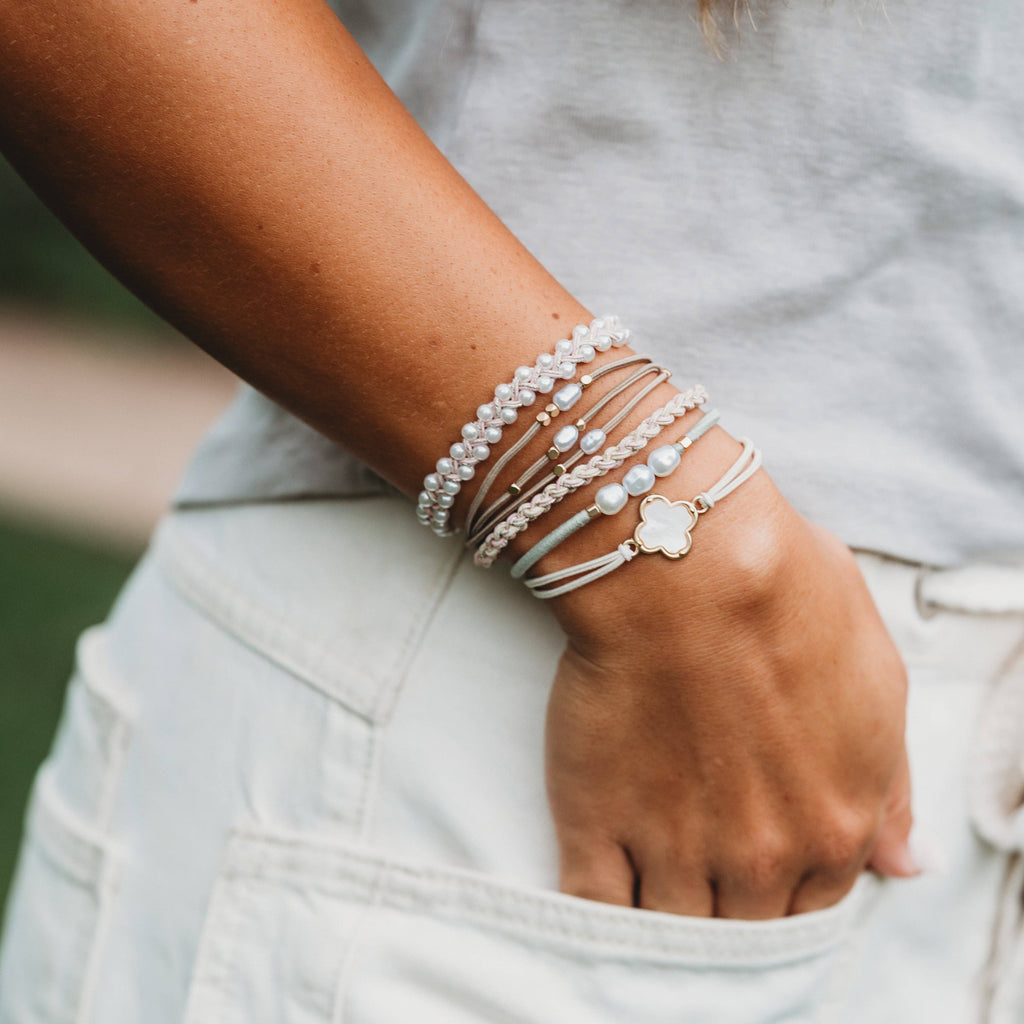 "Glimmer" Soft Pinks with Pearl and Gold Accent Hair Tie Bracelets- K'lani hair tie bracelets