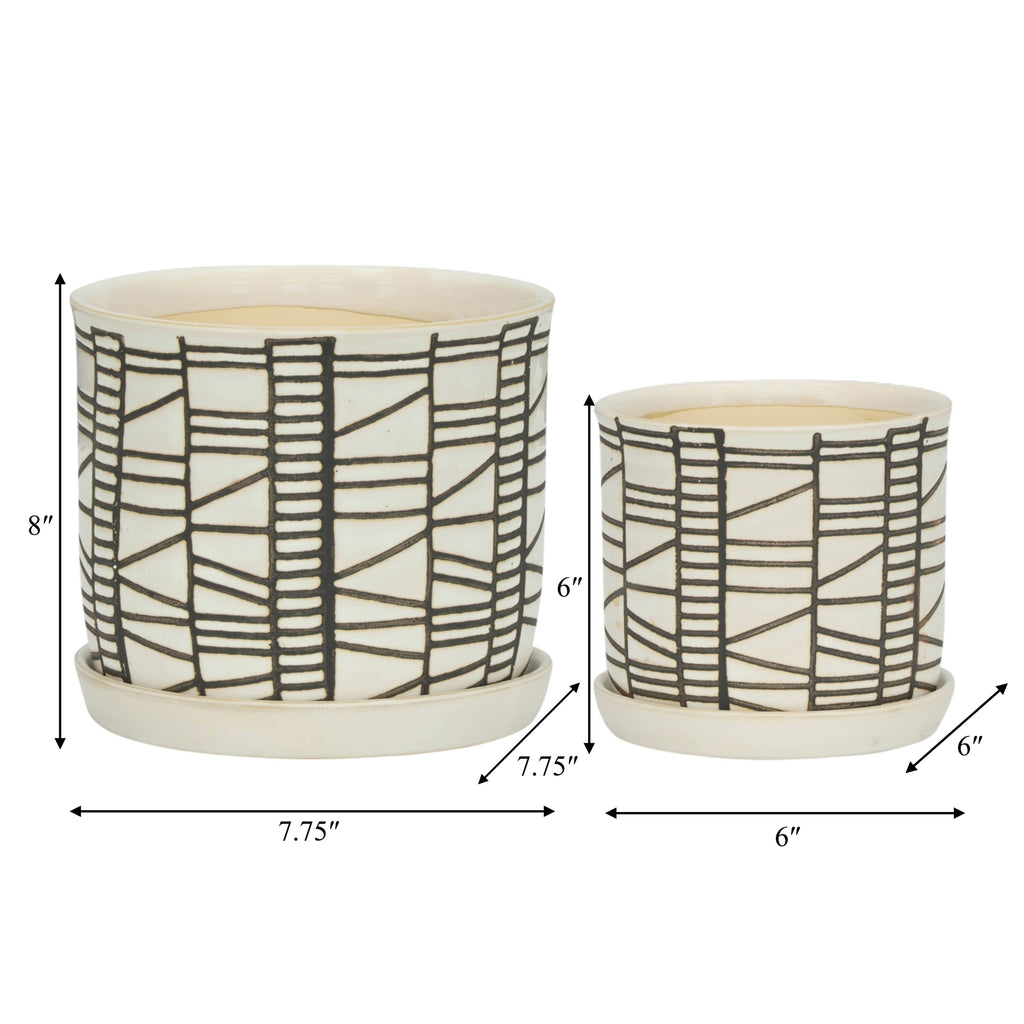 Sagebrook Home - Planters Set of 2 - Beige Ceramic Geometric Saucer, 6/8 in.