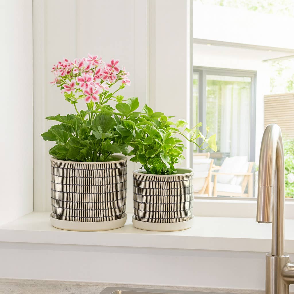 Sagebrook Home - Planters Set of 2 - Ivory Ceramic Line with Saucer, 6/8 in.