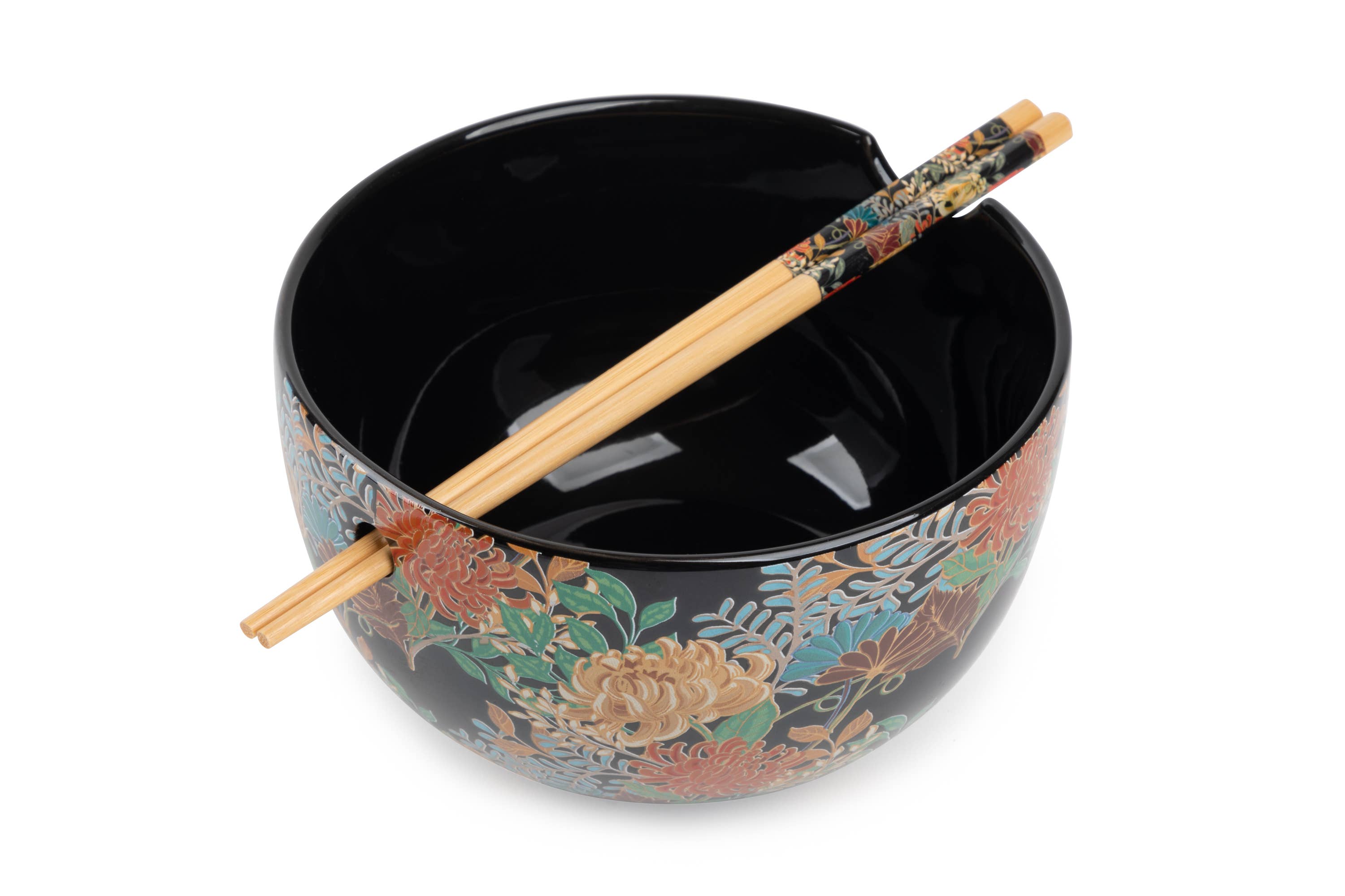Ramen Noodle Bowls with Chopsticks - Black Floral
