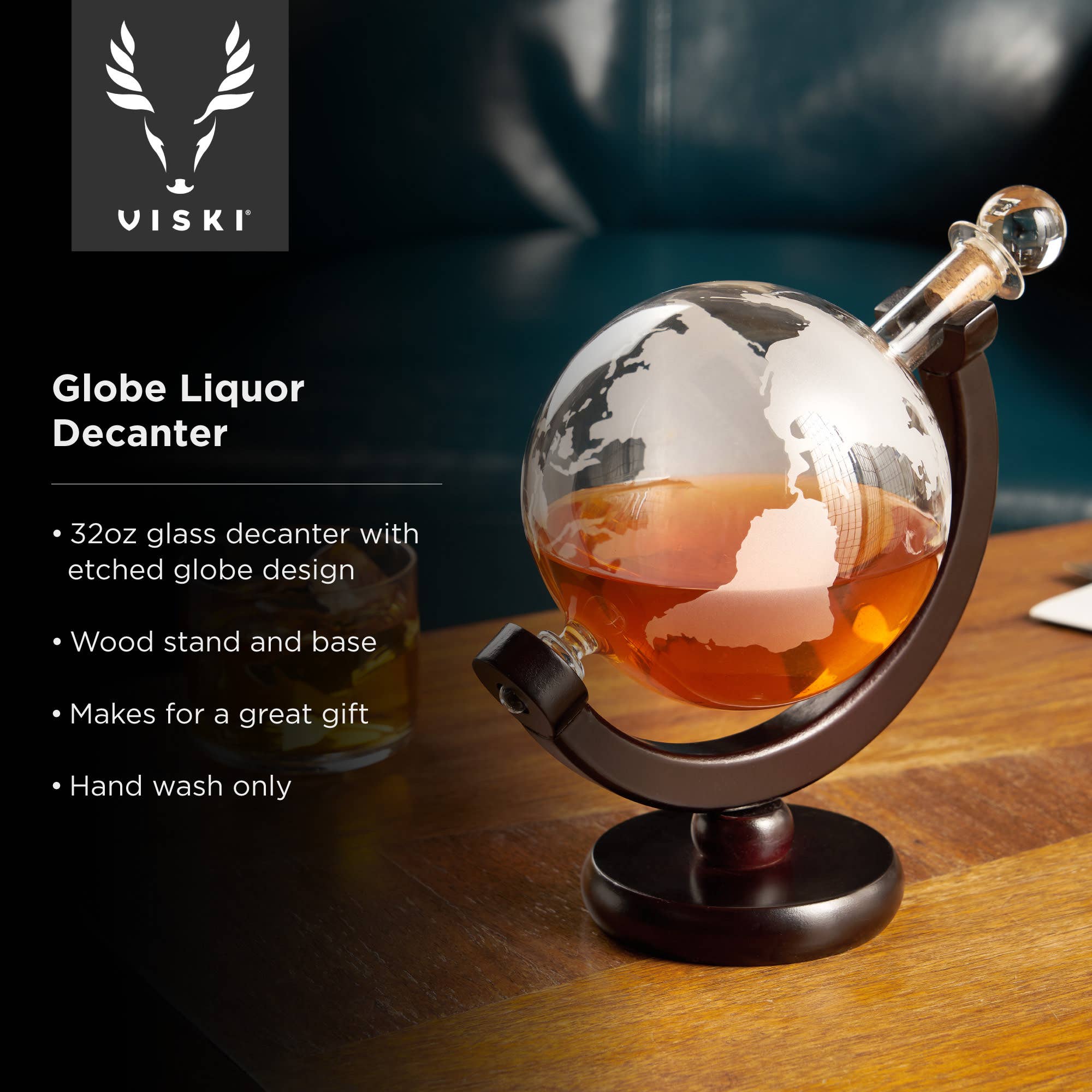 Globe Themed Liquor Decanter with Wood Base