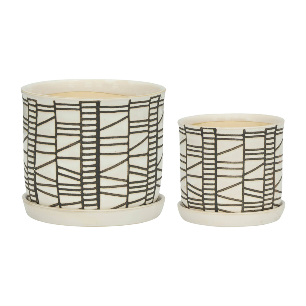Sagebrook Home - Planters Set of 2 - Beige Ceramic Geometric Saucer, 6/8 in.