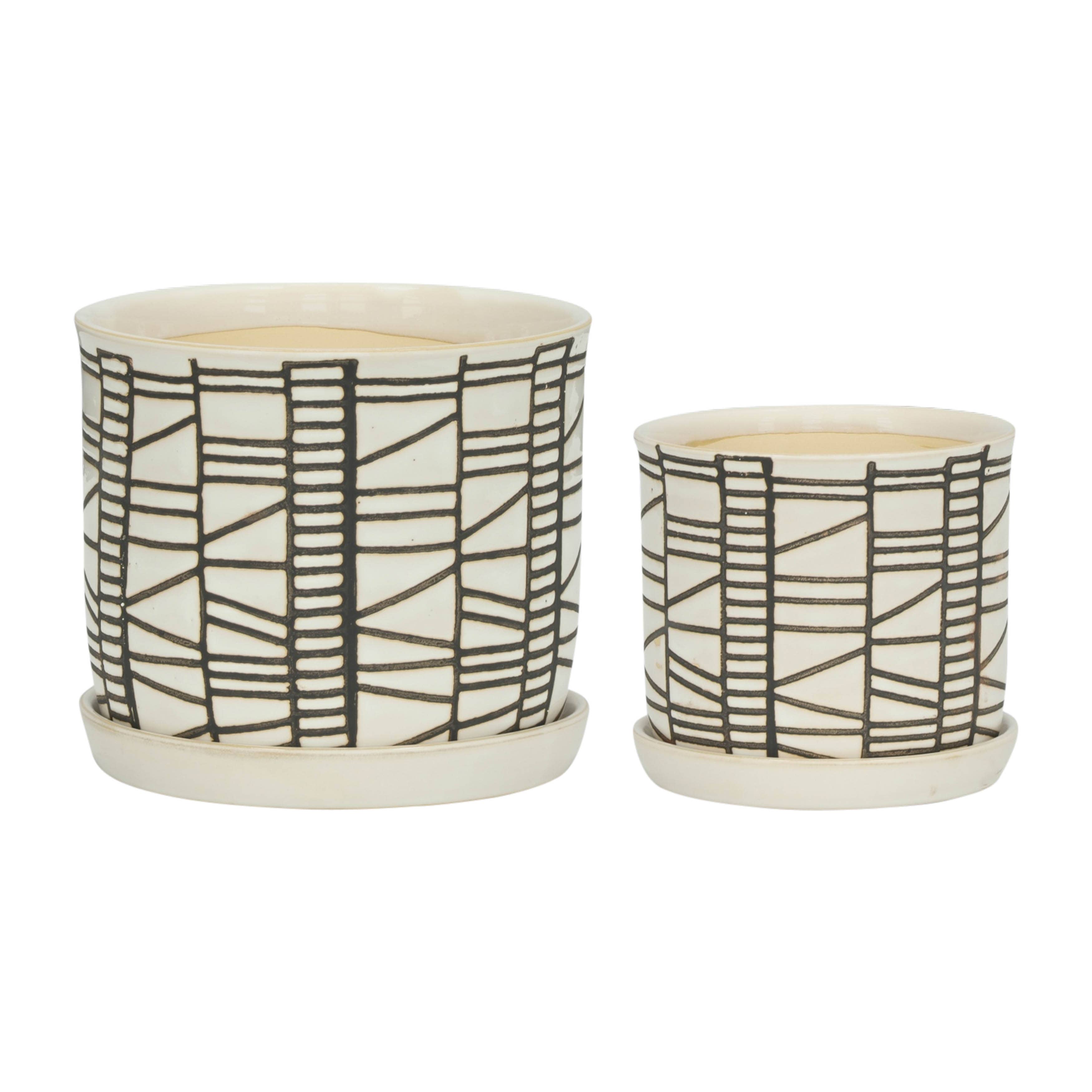 Sagebrook Home - Planters Set of 2 - Beige Ceramic Geometric Saucer, 6/8 in.
