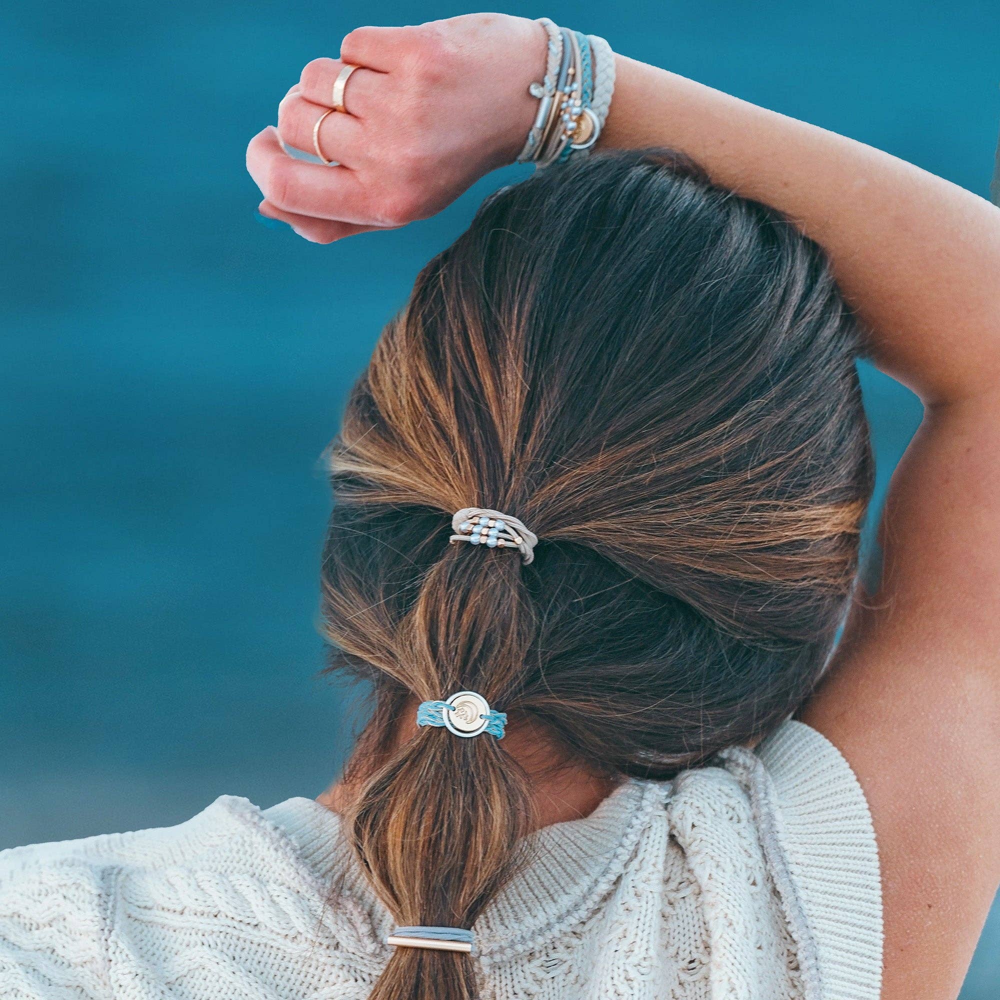 "Wonder" Soft Creams and Blues with Pearls and Gold Hair Tie Bracelets-K'lani hair tie bracelets