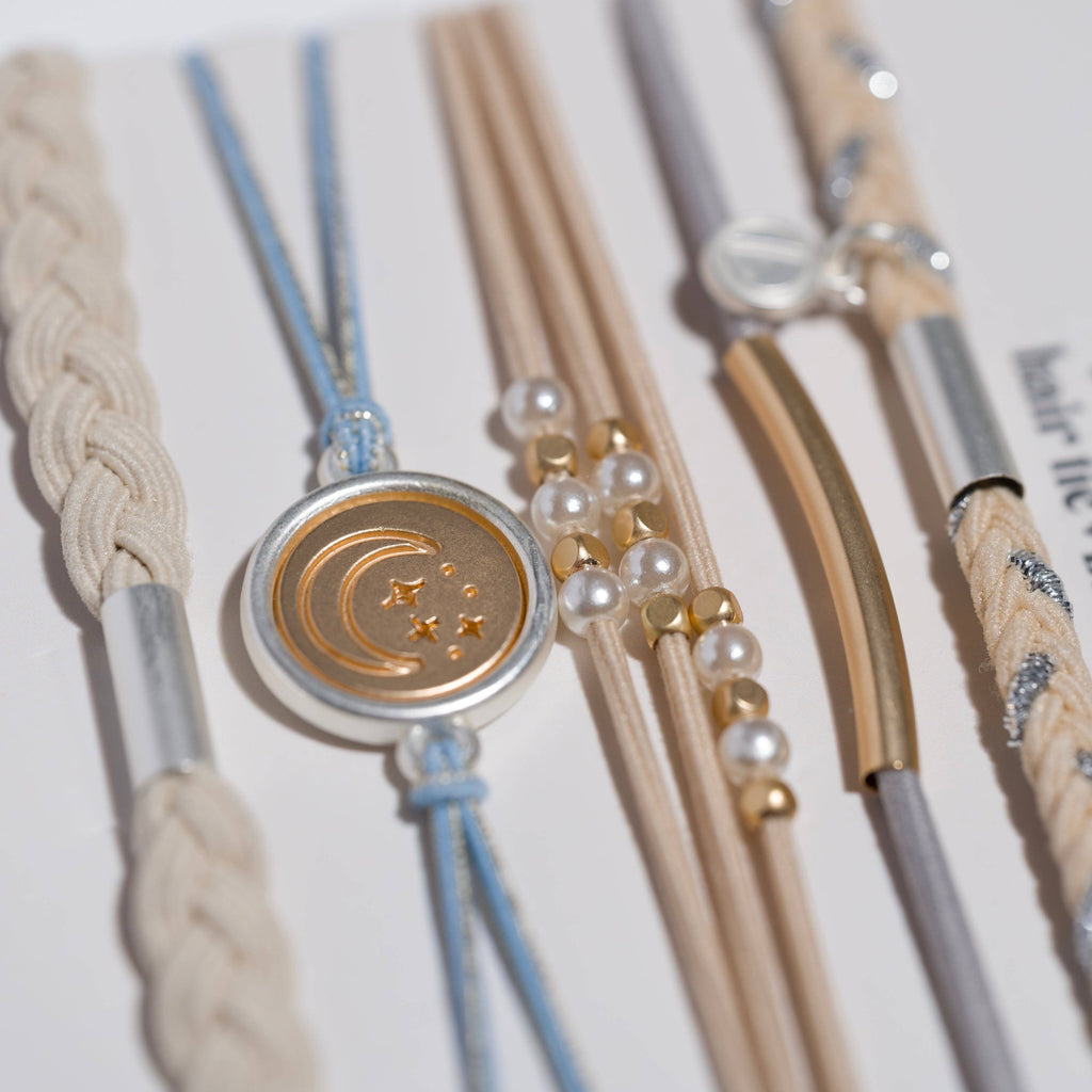 "Wonder" Soft Creams and Blues with Pearls and Gold Hair Tie Bracelets-K'lani hair tie bracelets