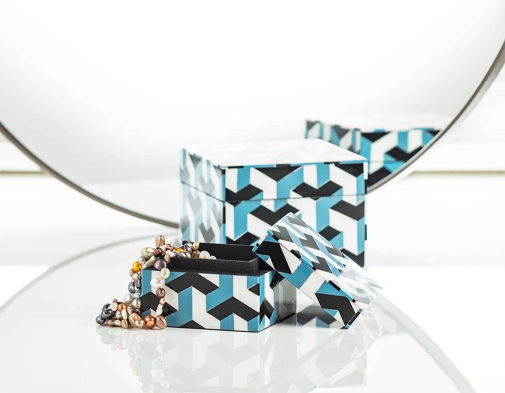 Set of 2 Square Mosaic Boxes-Blue