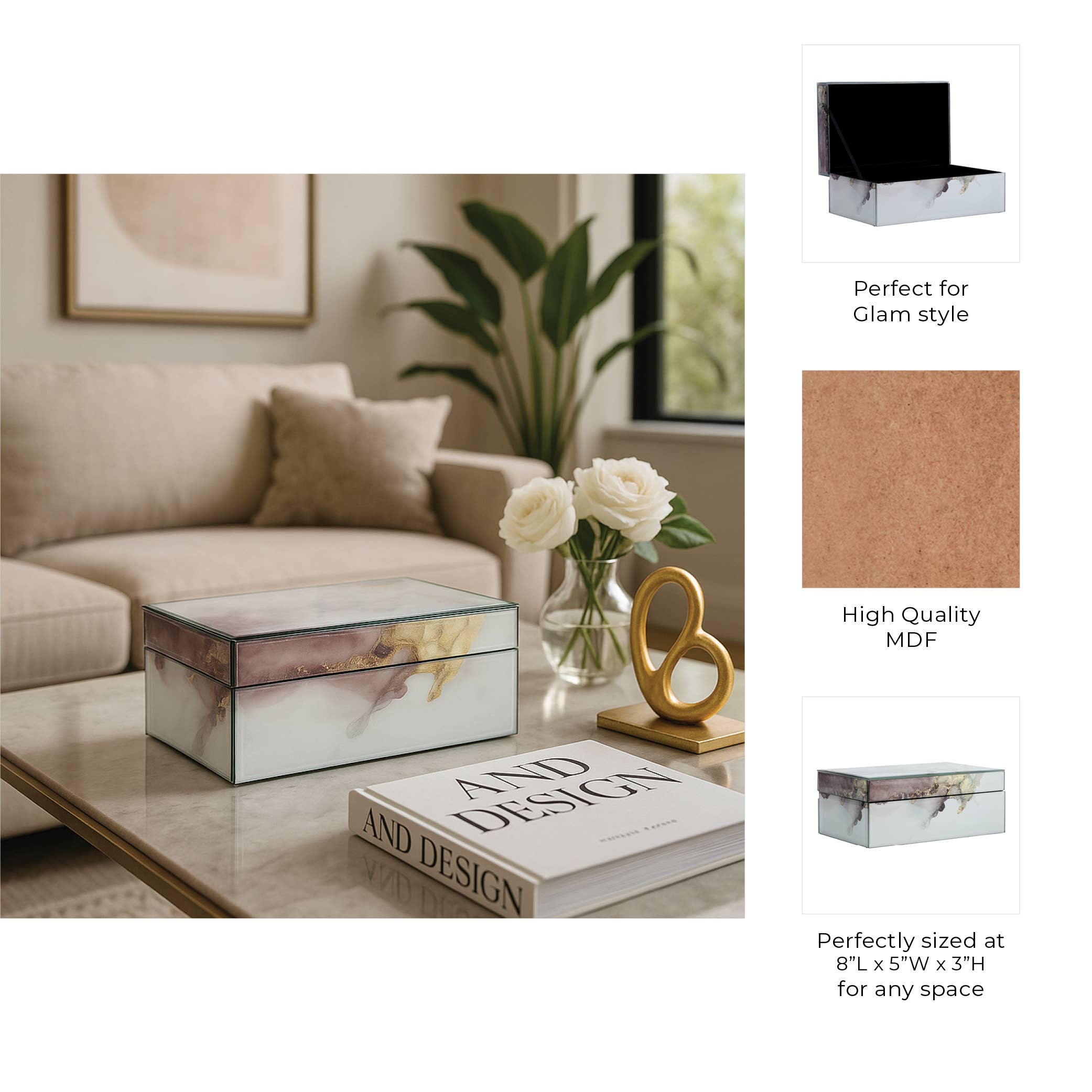 Decorative Box - White/Beige/Gold Wood