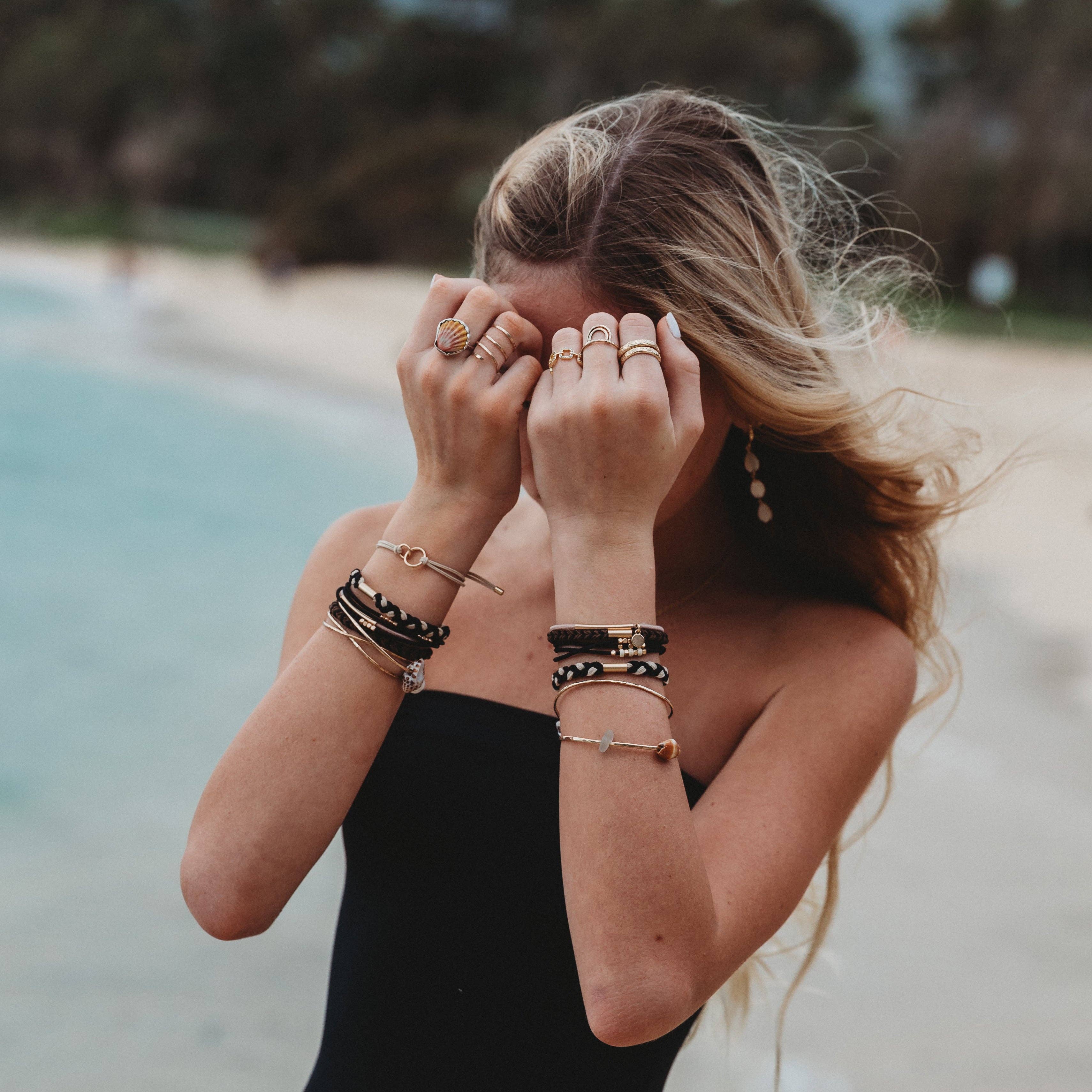 "Connect" Black and Cream with Gold Accent Hair Tie Bracelets-K'lani hair tie bracelets