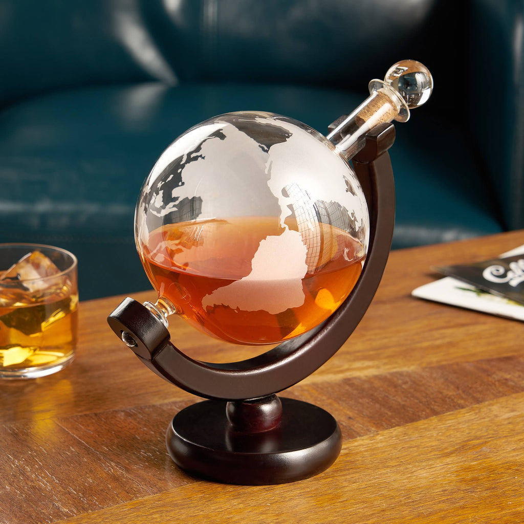 Globe Themed Liquor Decanter with Wood Base