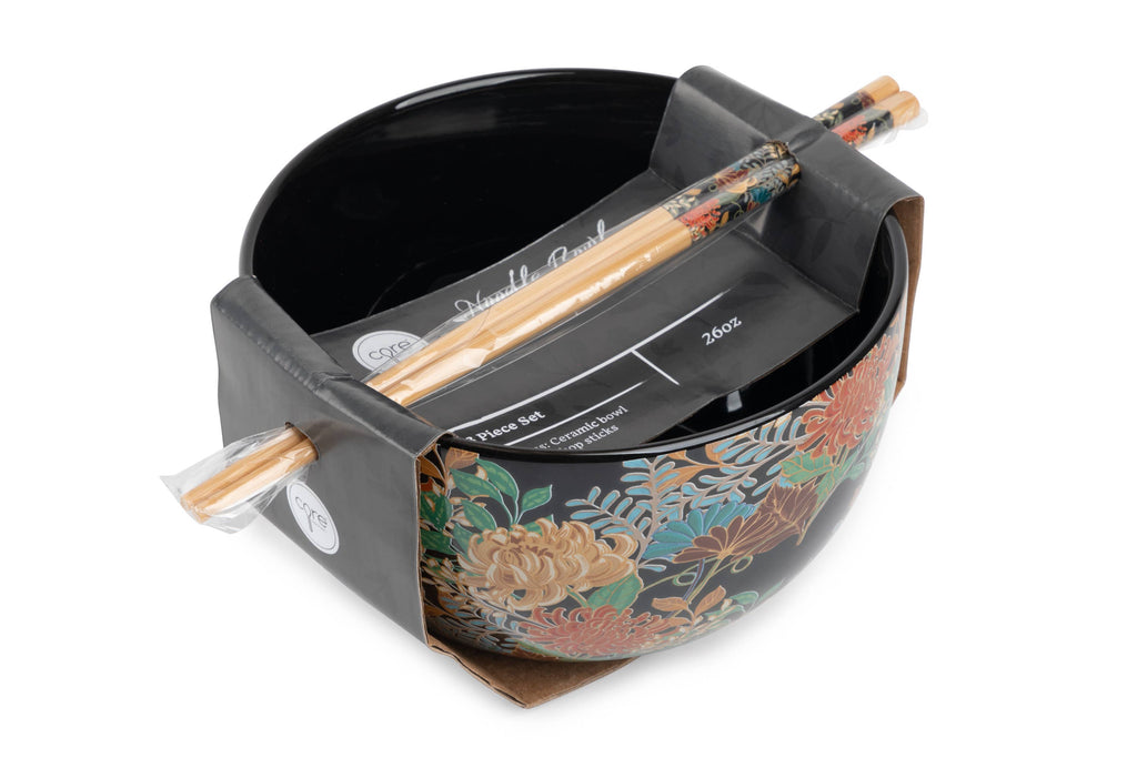 Ramen Noodle Bowls with Chopsticks - Black Floral