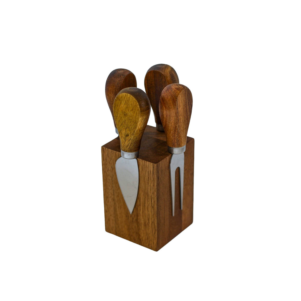 Acacia Wood Block with 4 Cheese Knives