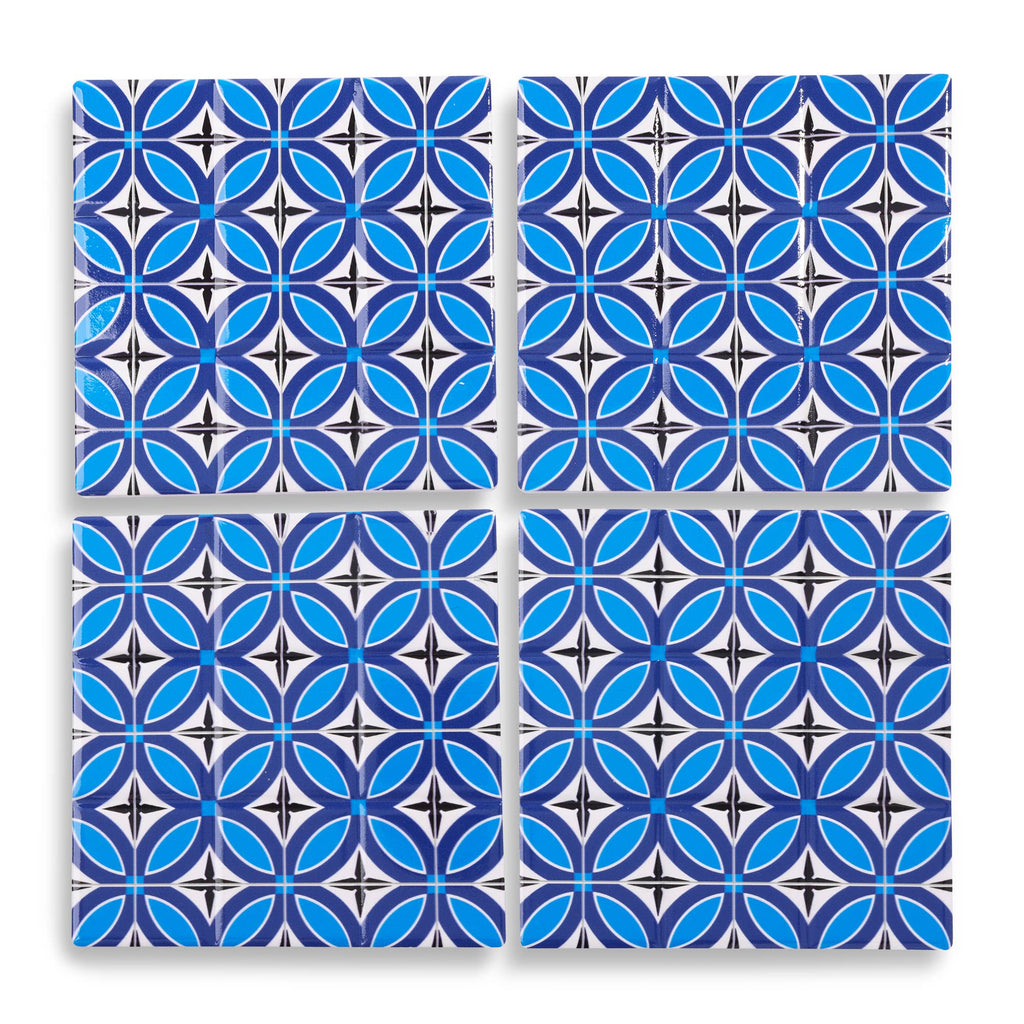 Set of 4 Square Tile Coasters - Blue Trefoil