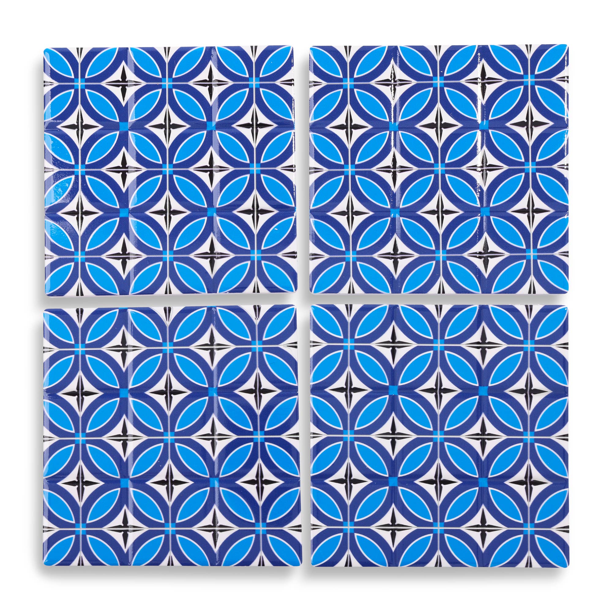 Set of 4 Square Tile Coasters - Blue Trefoil
