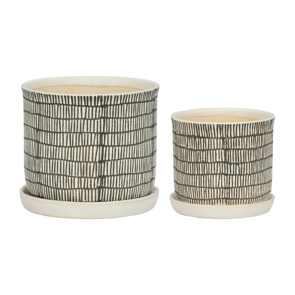 Sagebrook Home - Planters Set of 2 - Ivory Ceramic Line with Saucer, 6/8 in.
