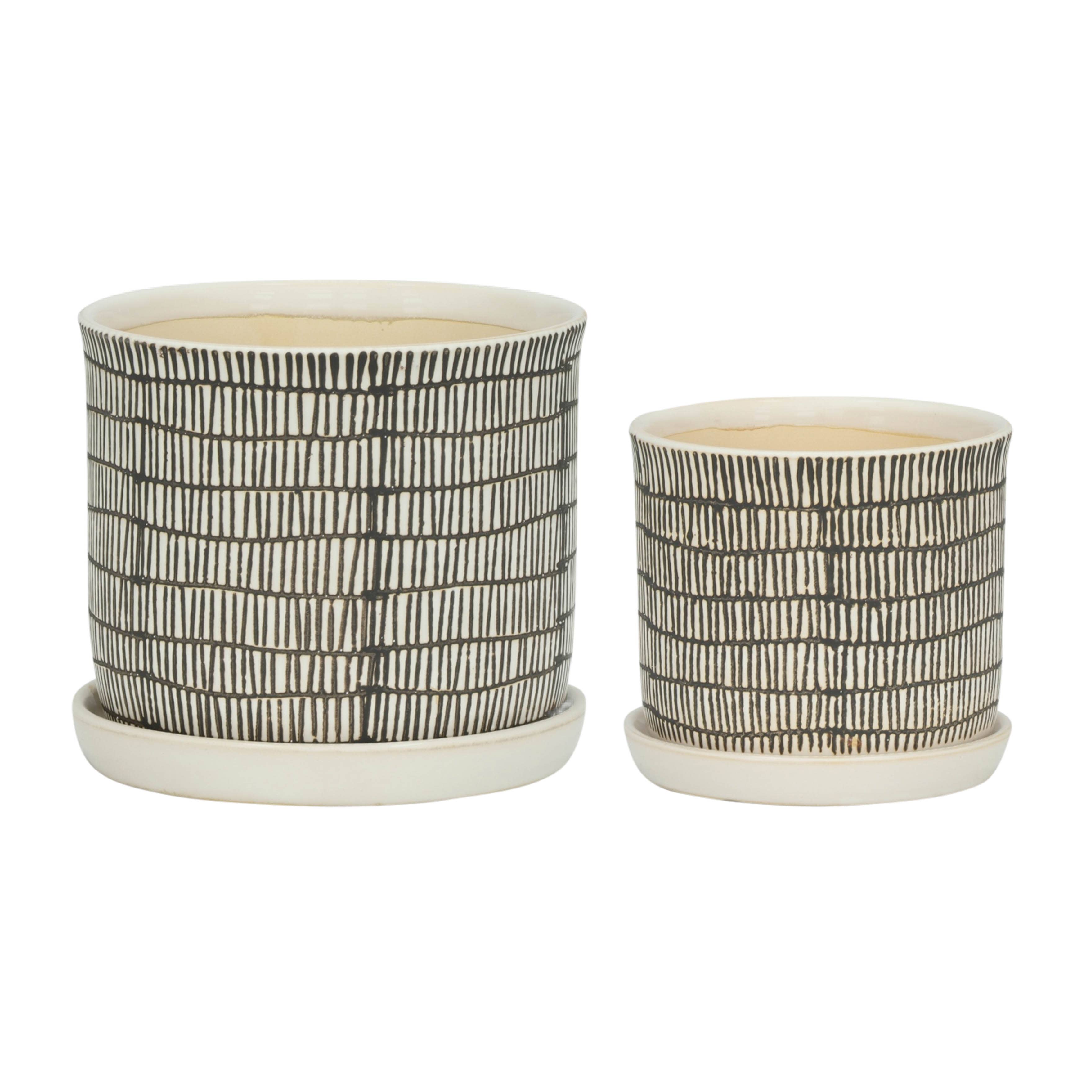 Sagebrook Home - Planters Set of 2 - Ivory Ceramic Line with Saucer, 6/8 in.