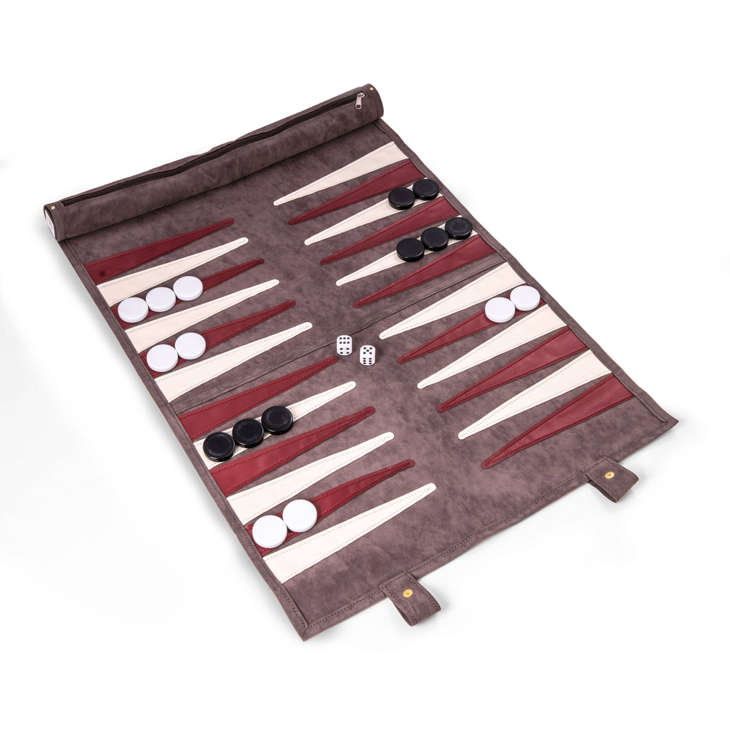 Warren Grey Suede Roll-up Backgammon Travel Set