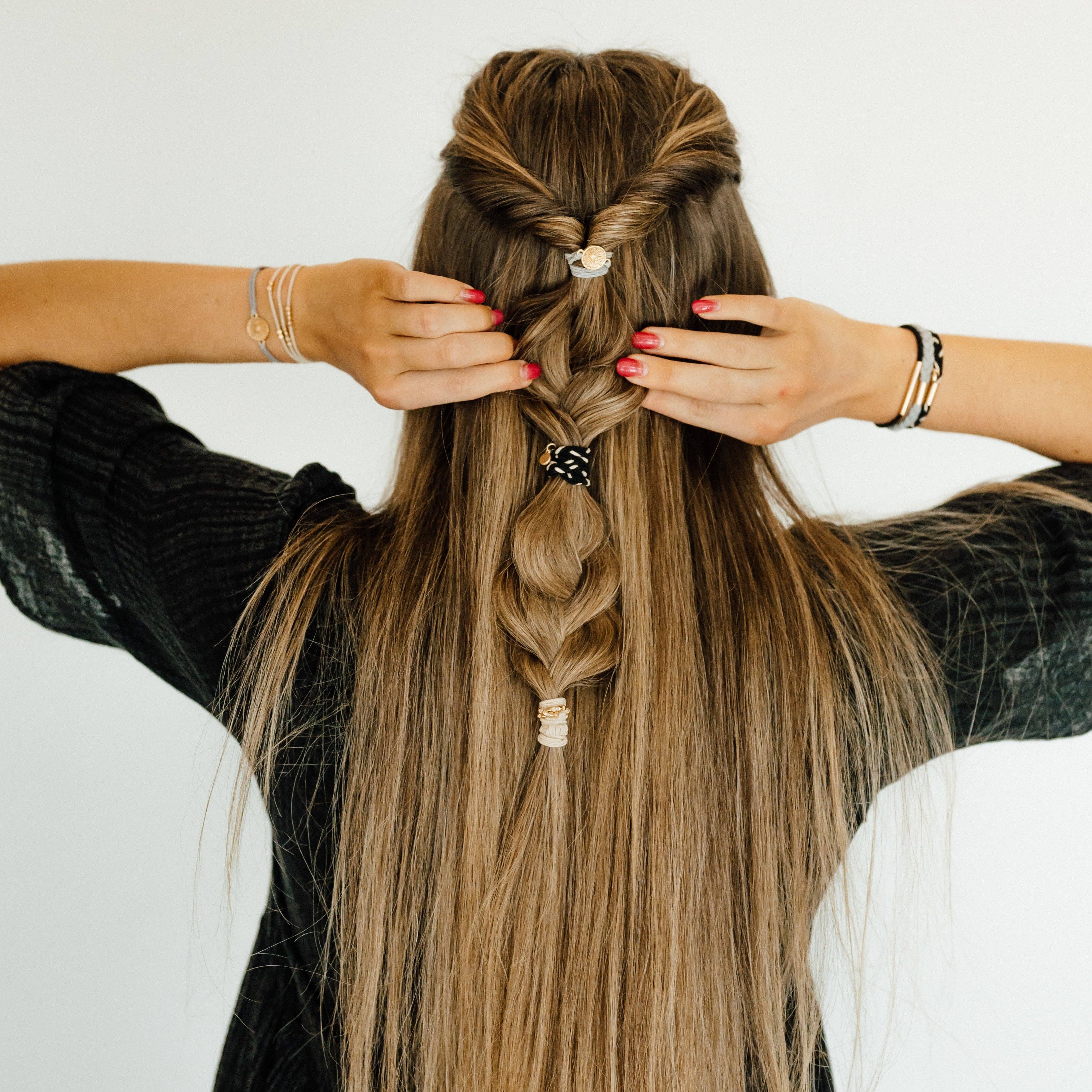 "Inspire" Grey and Black with Gold Flower Accent Hair Tie Bracelets- K'lani hair tie bracelets