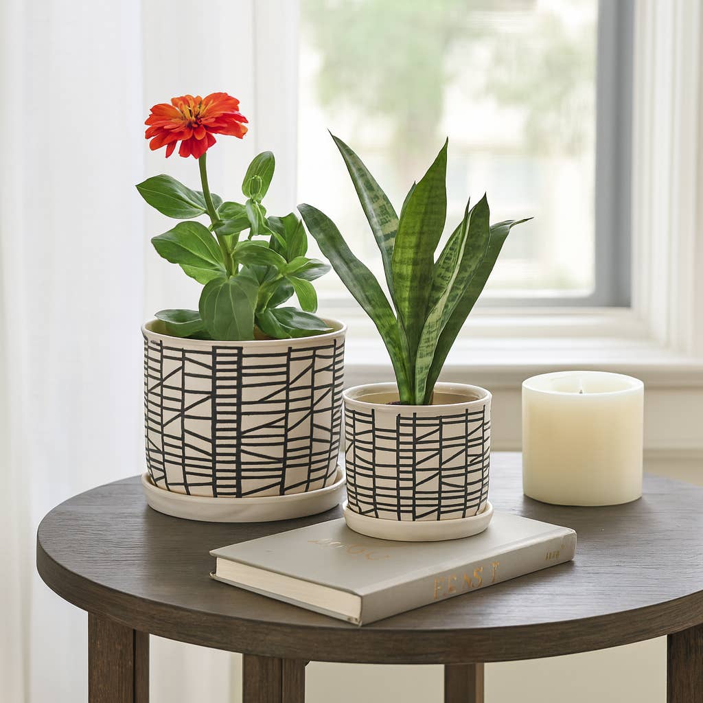 Sagebrook Home - Planters Set of 2 - Beige Ceramic Geometric Saucer, 6/8 in.