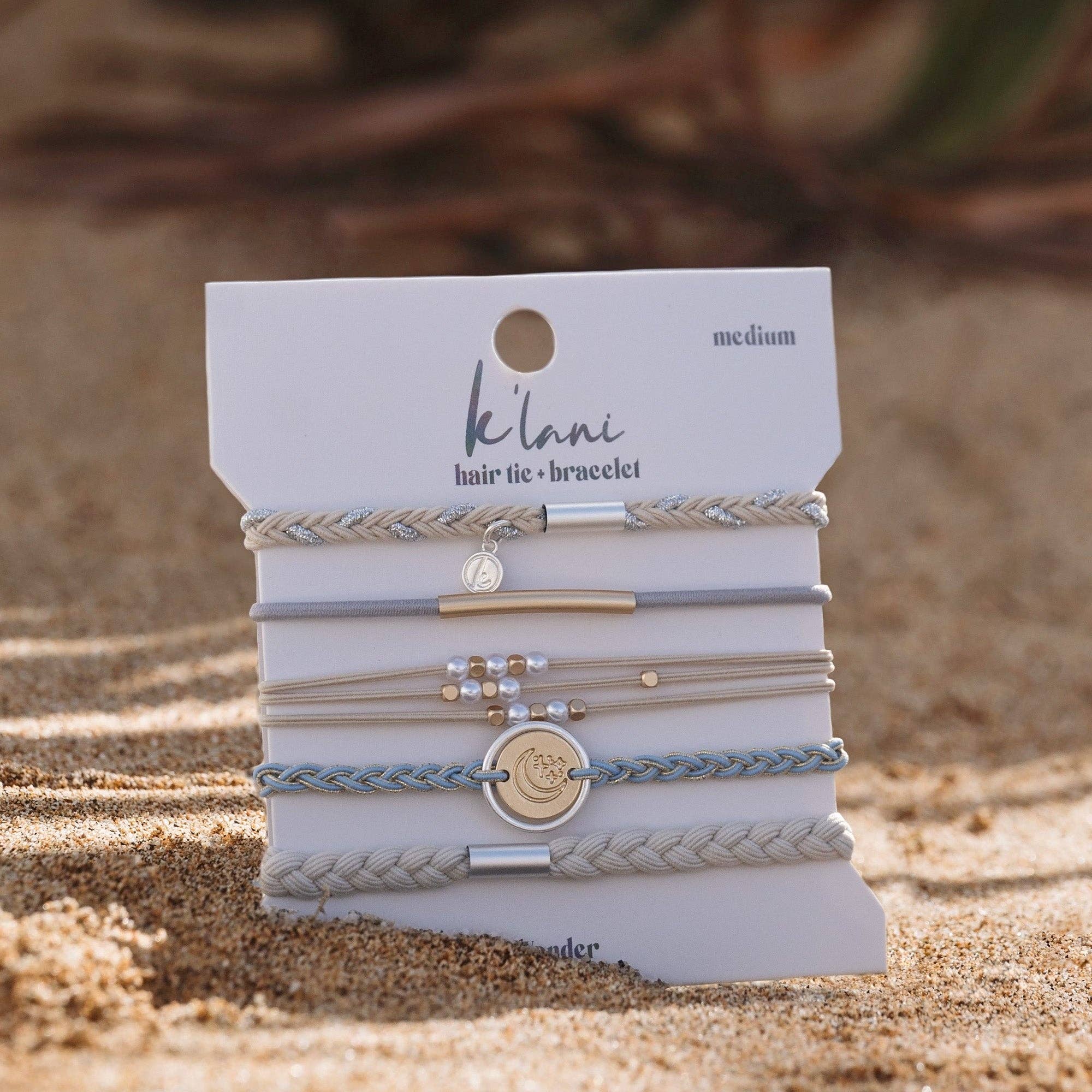 "Wonder" Soft Creams and Blues with Pearls and Gold Hair Tie Bracelets-K'lani hair tie bracelets