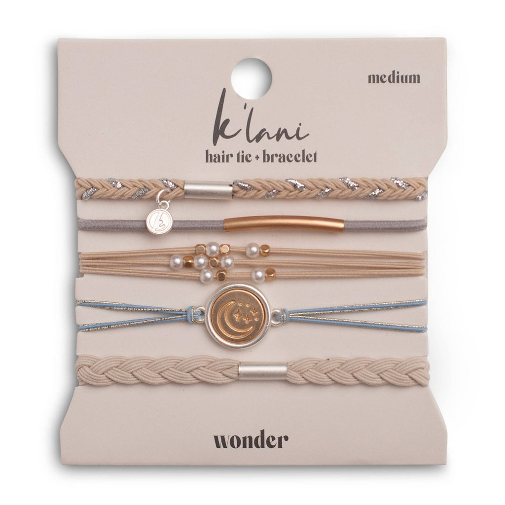 "Wonder" Soft Creams and Blues with Pearls and Gold Hair Tie Bracelets-K'lani hair tie bracelets