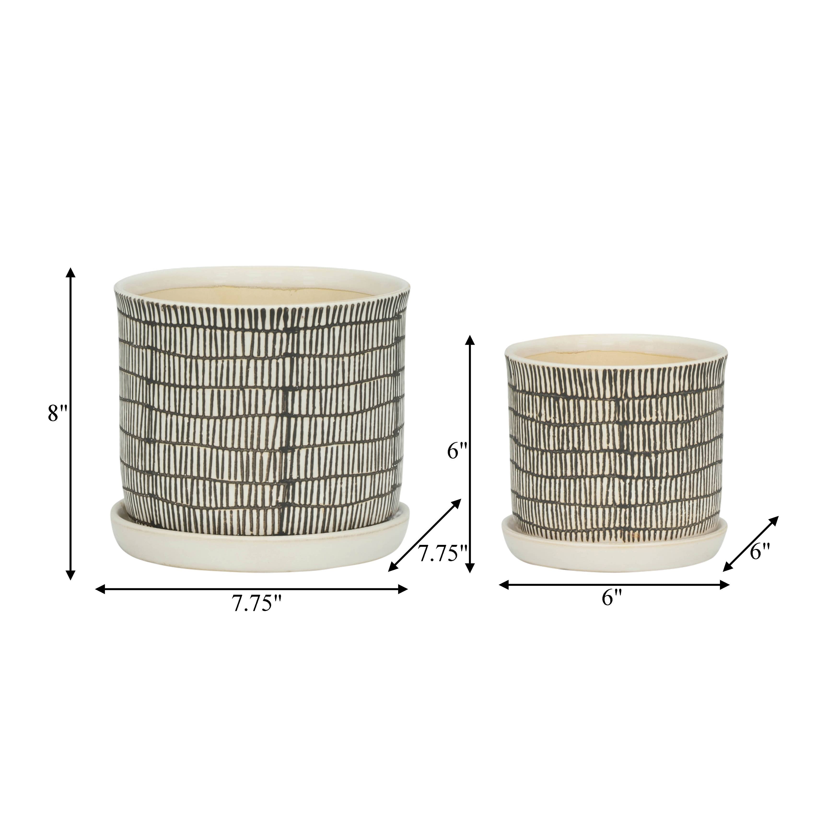 Sagebrook Home - Planters Set of 2 - Ivory Ceramic Line with Saucer, 6/8 in.