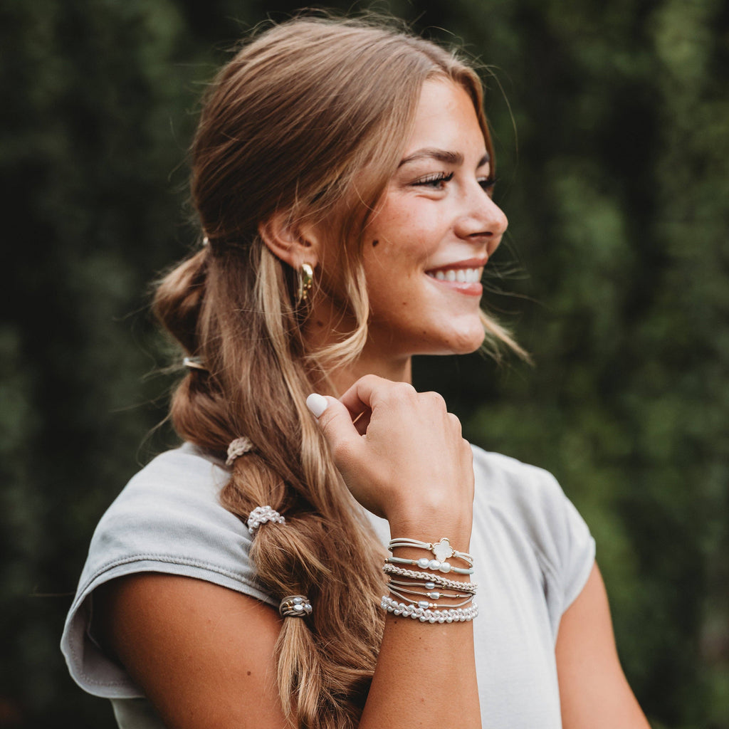"Glimmer" Soft Pinks with Pearl and Gold Accent Hair Tie Bracelets- K'lani hair tie bracelets