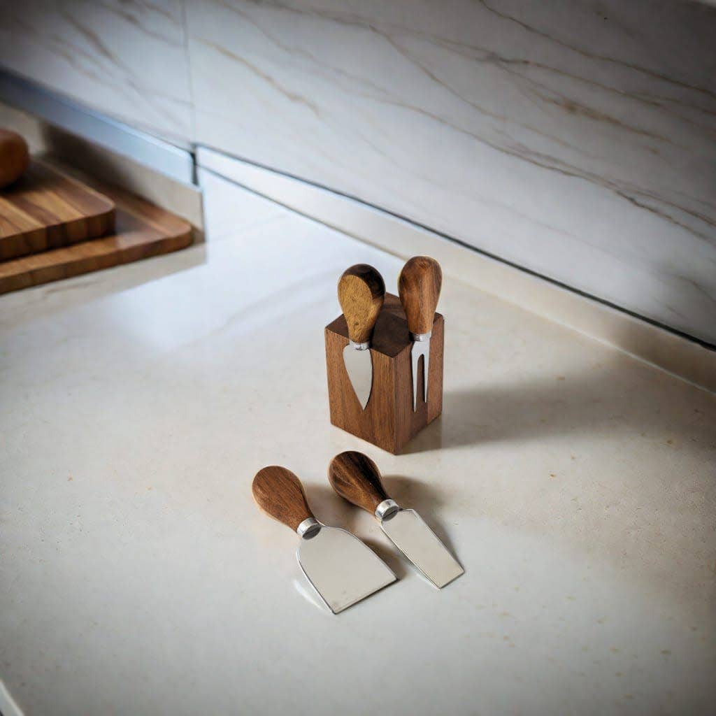 Acacia Wood Block with 4 Cheese Knives
