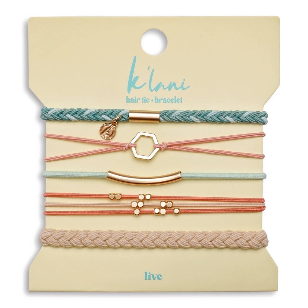 "Live" Teal and Coral with Gold Accent Hair Tie Bracelets- K'lani hair tie bracelets