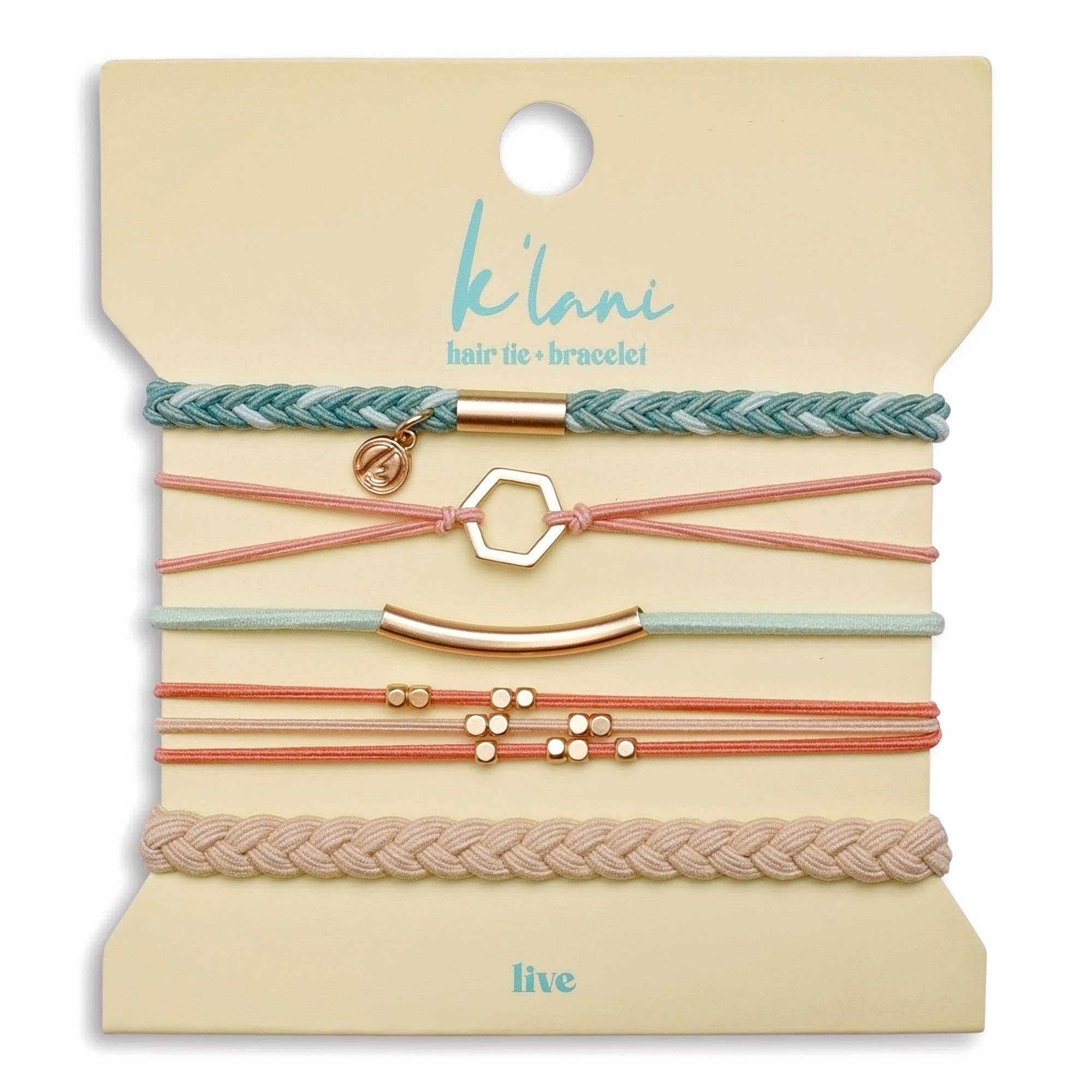 "Live" Teal and Coral with Gold Accent Hair Tie Bracelets- K'lani hair tie bracelets
