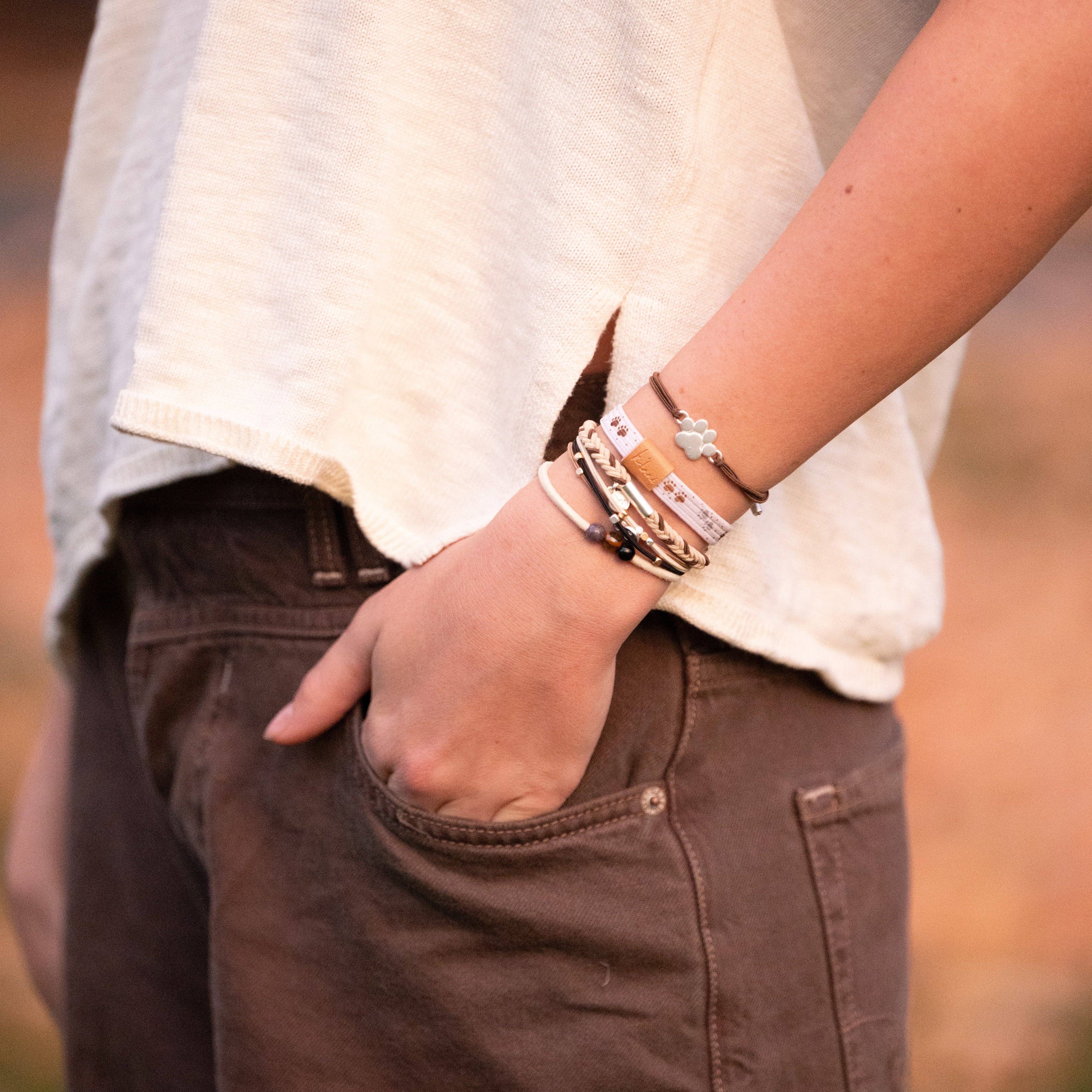 "Paws" Natural Hues with Silver and Paw Accents Hair Tie Bracelet-K'lani hair tie bracelets