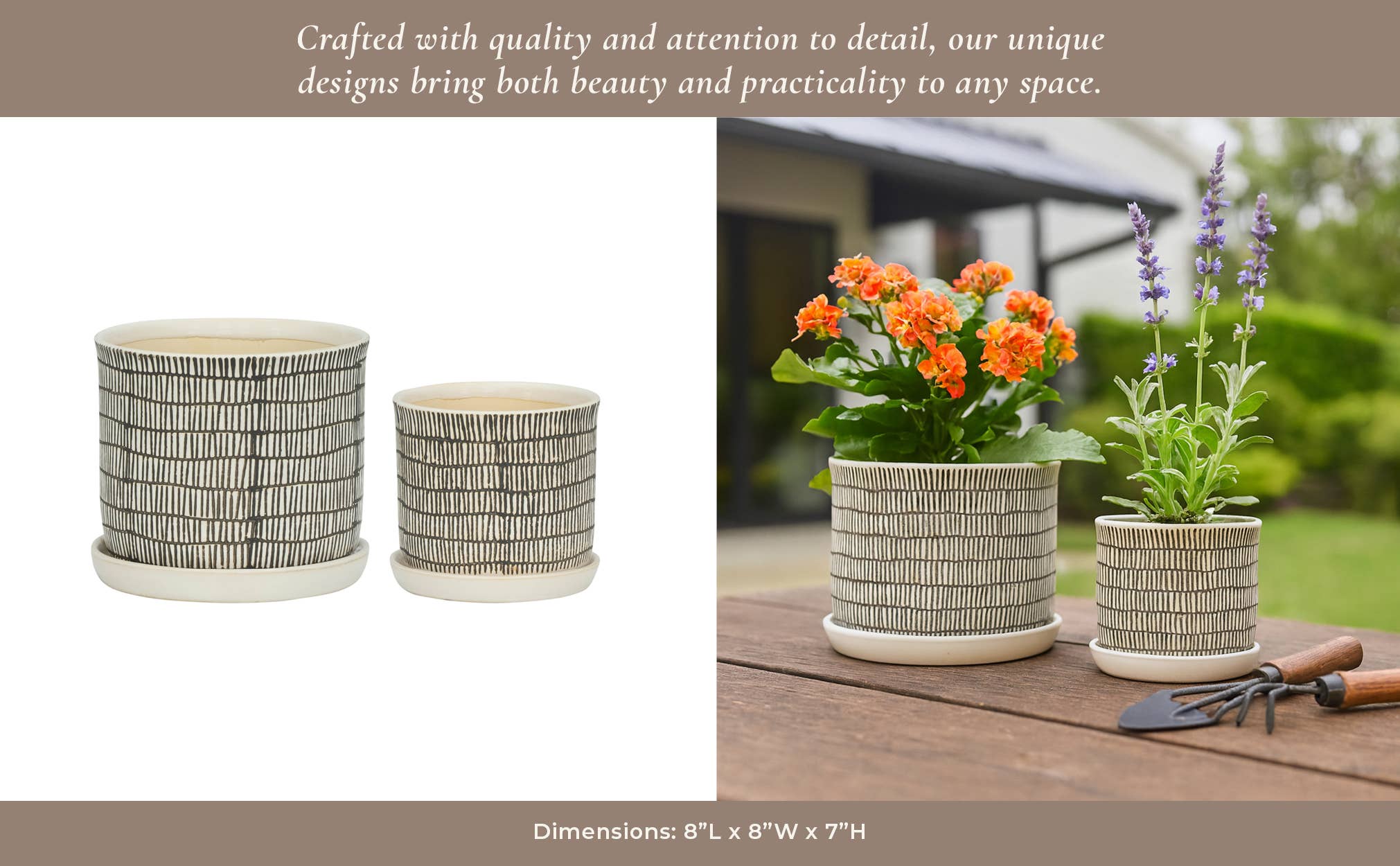 Sagebrook Home - Planters Set of 2 - Ivory Ceramic Line with Saucer, 6/8 in.
