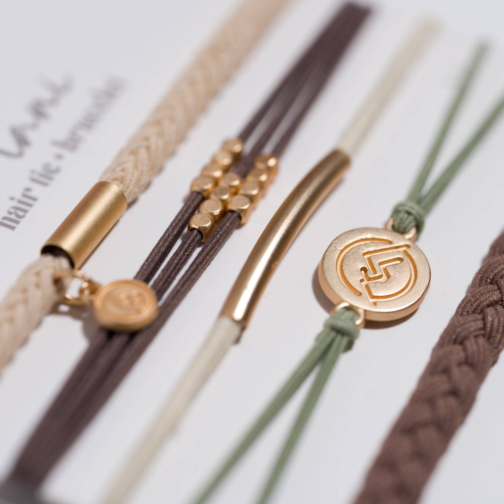 "Climb" Natural Colors with Gold Mountain Accent hair Tie Bracelets- K'lani hair tie bracelets