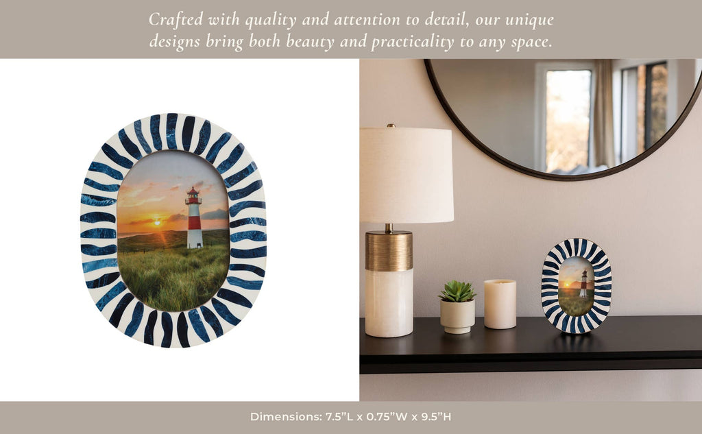 Blue/White 5x7 in. Resin Oval Photo Frame With Inlay Pieces