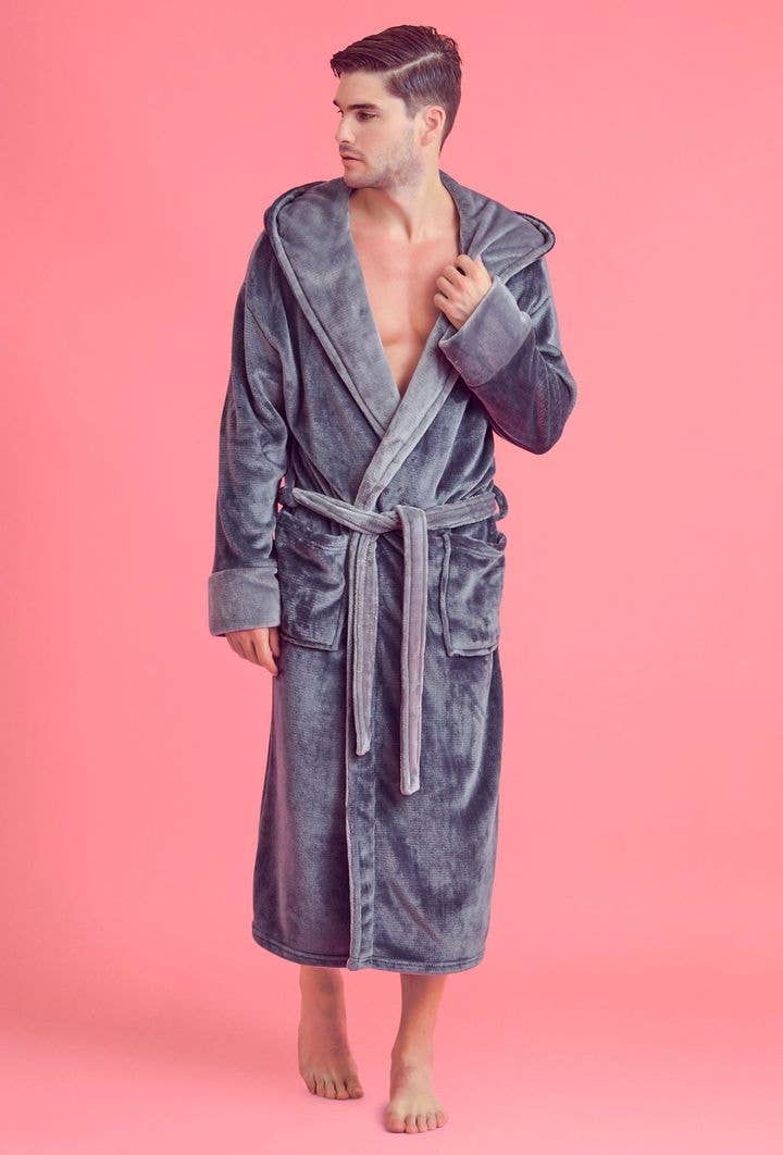 robesnmore - Men Plush Shawl Collar Robe  Gray