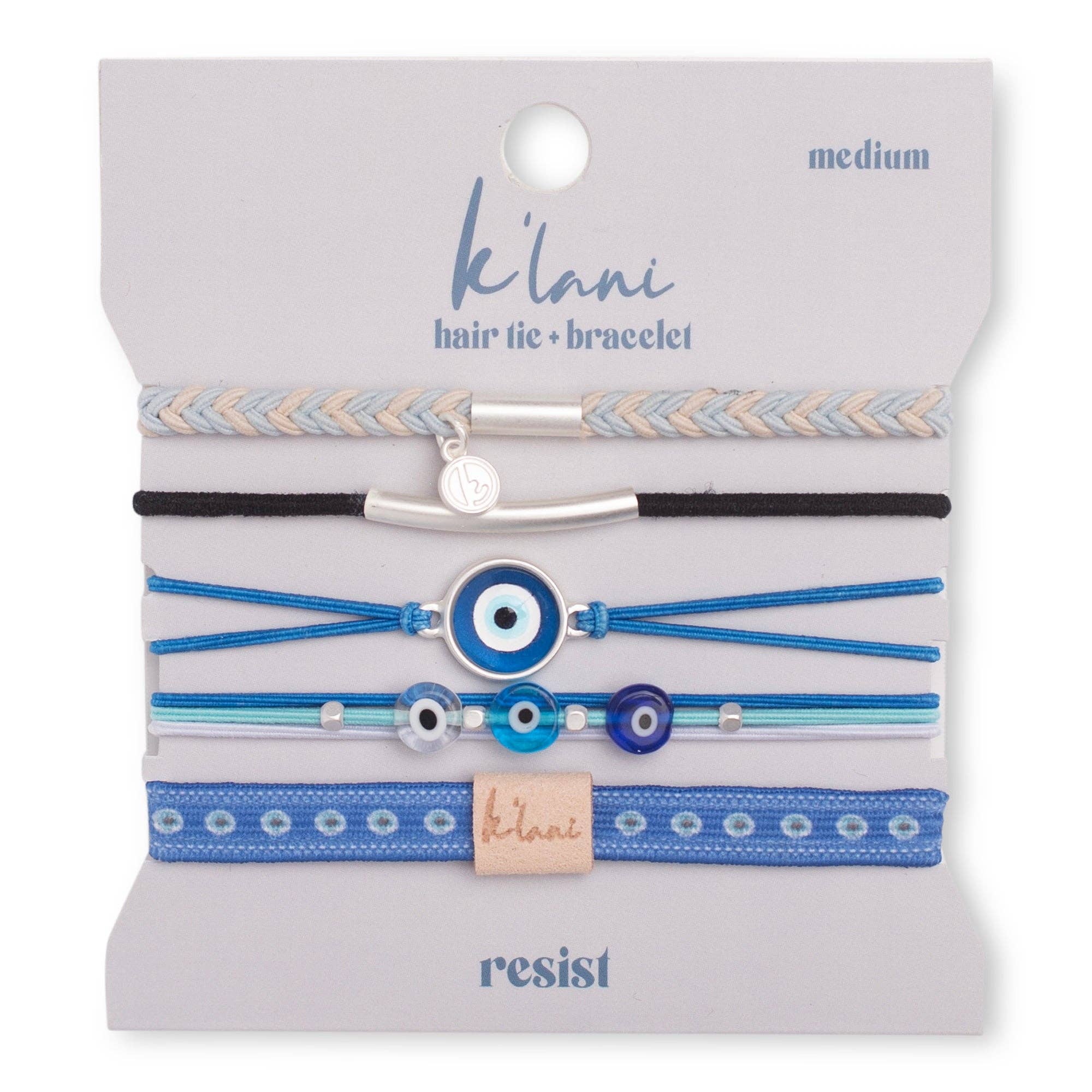 "Resist" Blue Evil Eye Hair Tie Bracelets- K'lani hair tie bracelets