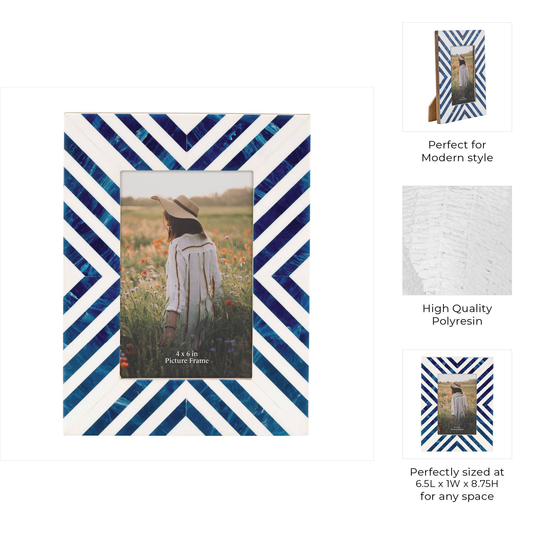 4x6 in. Picture Frame - Blue/White Resin Chevron Striped