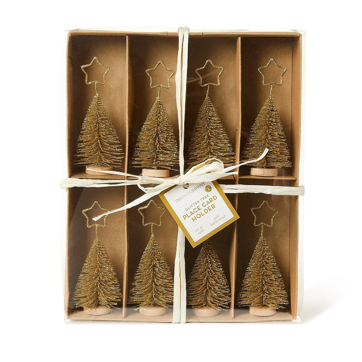 Gold Bottlebrush Christmas Tree Place Card Holders in Gift Box- Set of 8