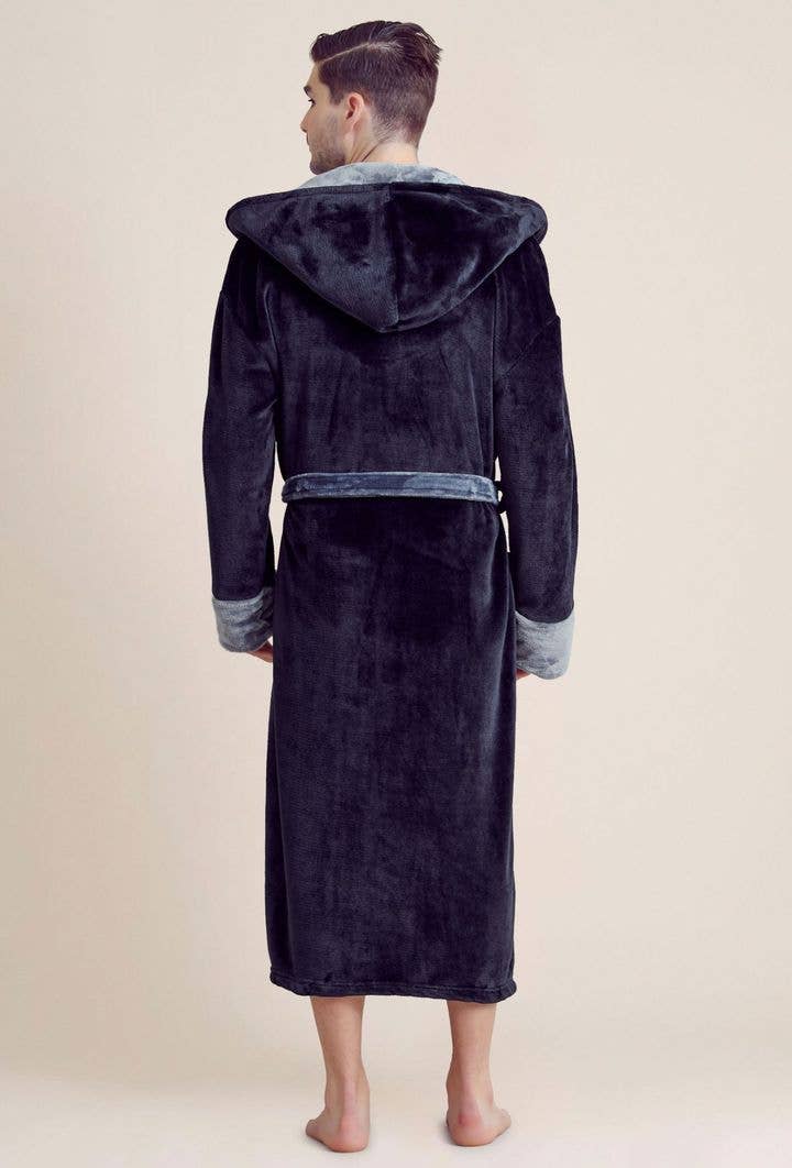 robesnmore - Men Plush Shawl Collar Robe  Black  & Gray