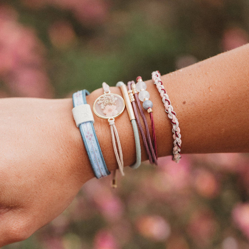 "Bloom" Maroon and Pink with Pressed Flowers Hair Tie Bracelets-K'lani hair tie bracelets