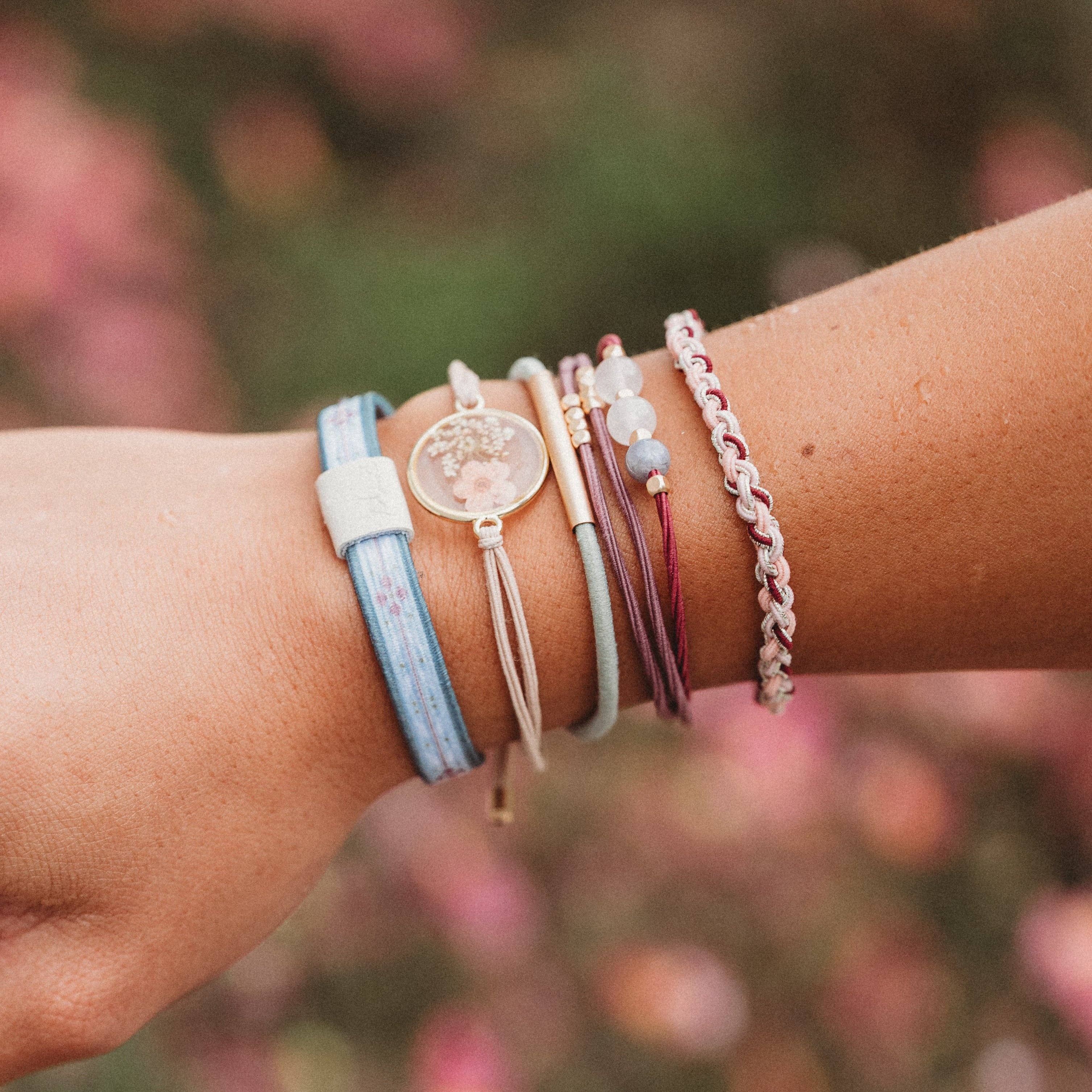 "Bloom" Maroon and Pink with Pressed Flowers Hair Tie Bracelets-K'lani hair tie bracelets