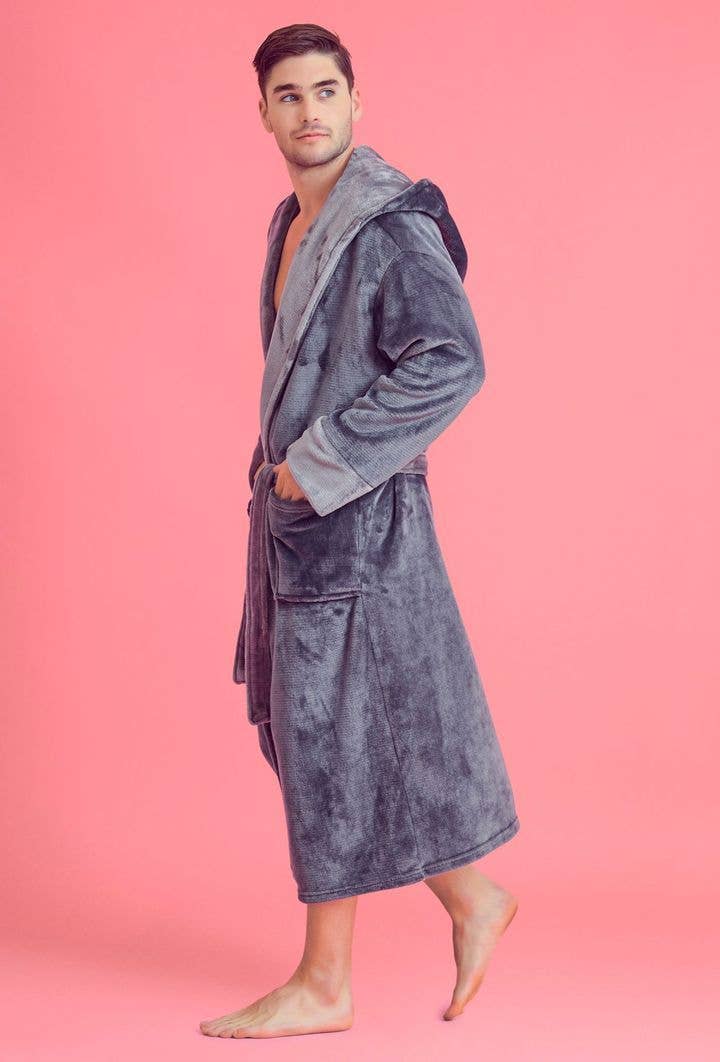 robesnmore - Men Plush Shawl Collar Robe  Gray
