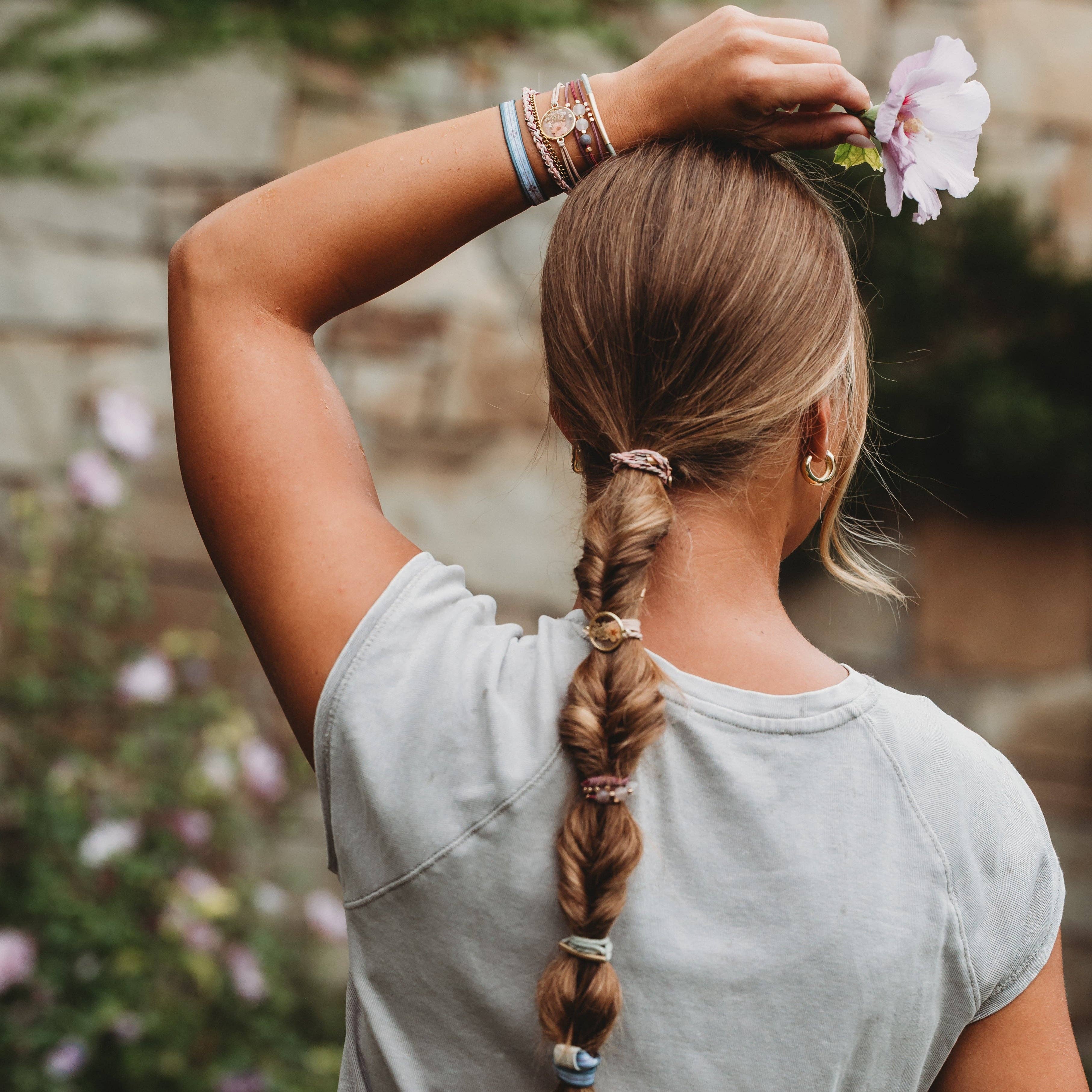 "Bloom" Maroon and Pink with Pressed Flowers Hair Tie Bracelets-K'lani hair tie bracelets