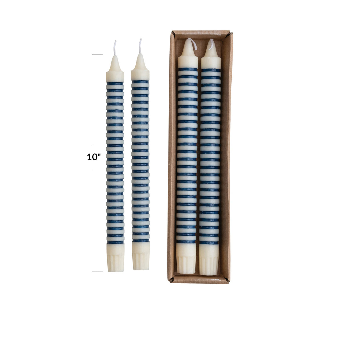 Striped Taper Candles in Box, Blue, Set of 2