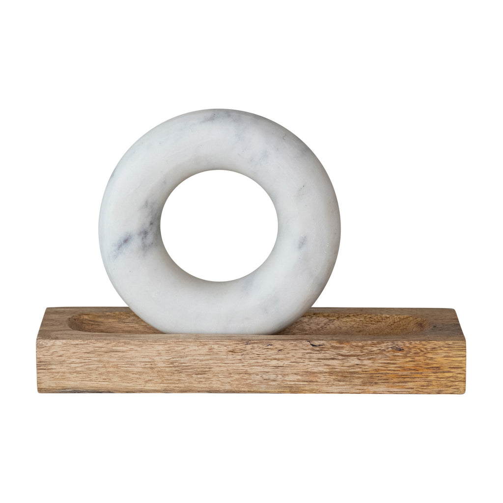 Mango Wood Mortar with Marble Ring Shaped Pestle, Boxed Set of 2