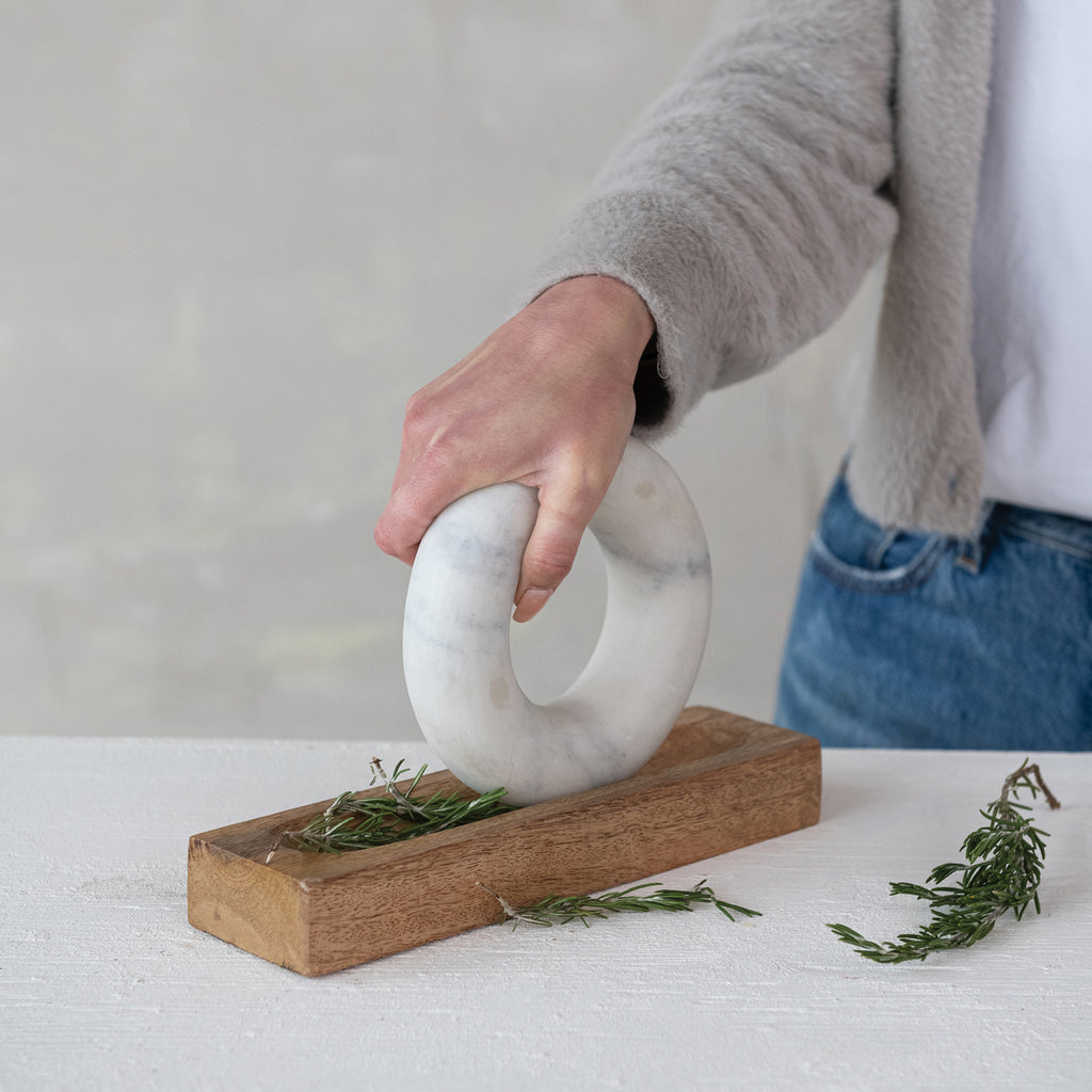 Mango Wood Mortar with Marble Ring Shaped Pestle, Boxed Set of 2