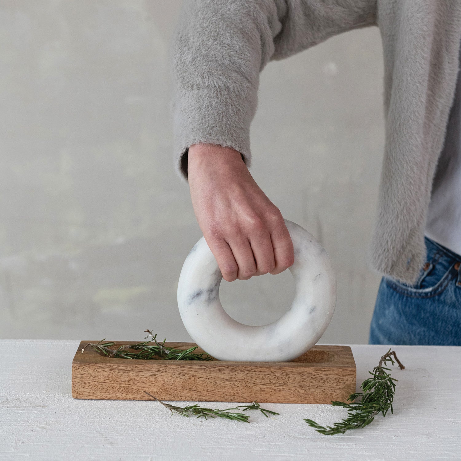 Mango Wood Mortar with Marble Ring Shaped Pestle, Boxed Set of 2