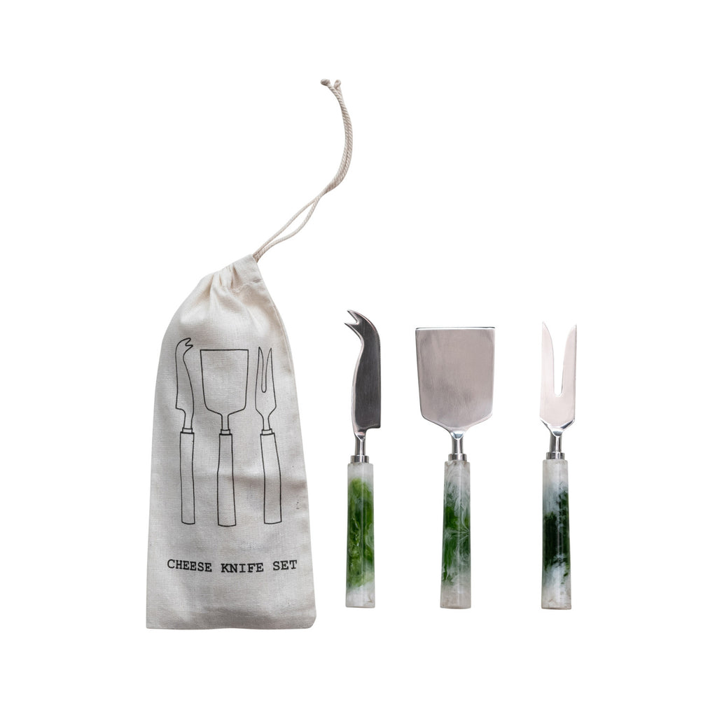 Green Marbled Stainless Steel Cheese Utensils, Set of 3 in Bag