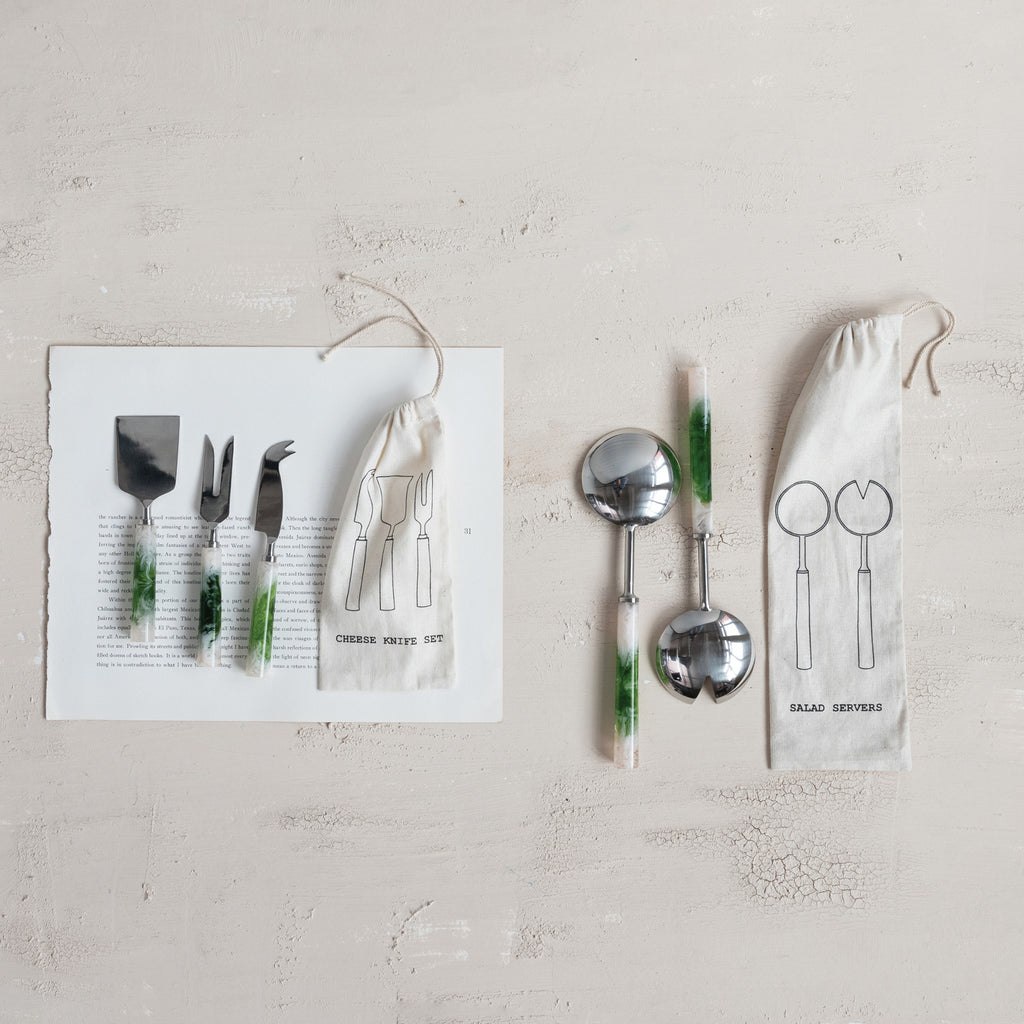 Green Marbled Stainless Steel Cheese Utensils, Set of 3 in Bag